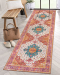 Moynesa Ultra-Thin Washable Runner Rug - 26x8 Pink Runners for Hallways, Boho Non-Slip Bedroom Rug Runner, Vintage Oriental Me