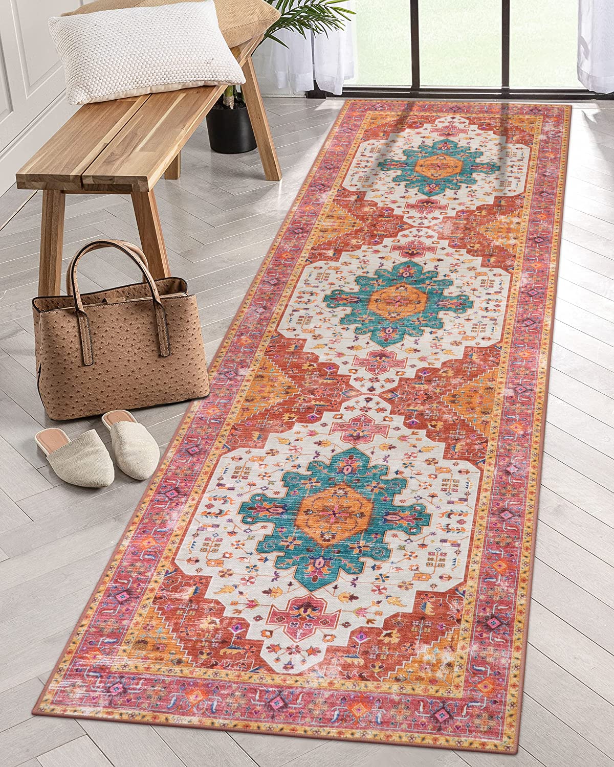 Moynesa Ultra-Thin Washable Runner Rug - 26x8 Pink Runners for Hallways, Boho Non-Slip Bedroom Rug Runner, Vintage Oriental Me