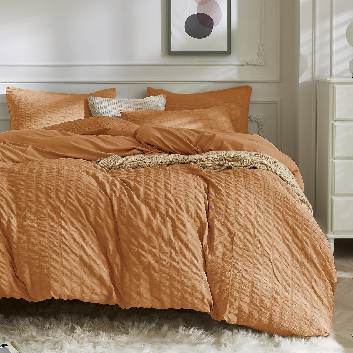 Jellymoni Rust Duvet Cover Twin Size, 3Pcs Washed Microfiber Bedding Set, Soft Breathable Seersucker Duvet Cover Set With Zipper