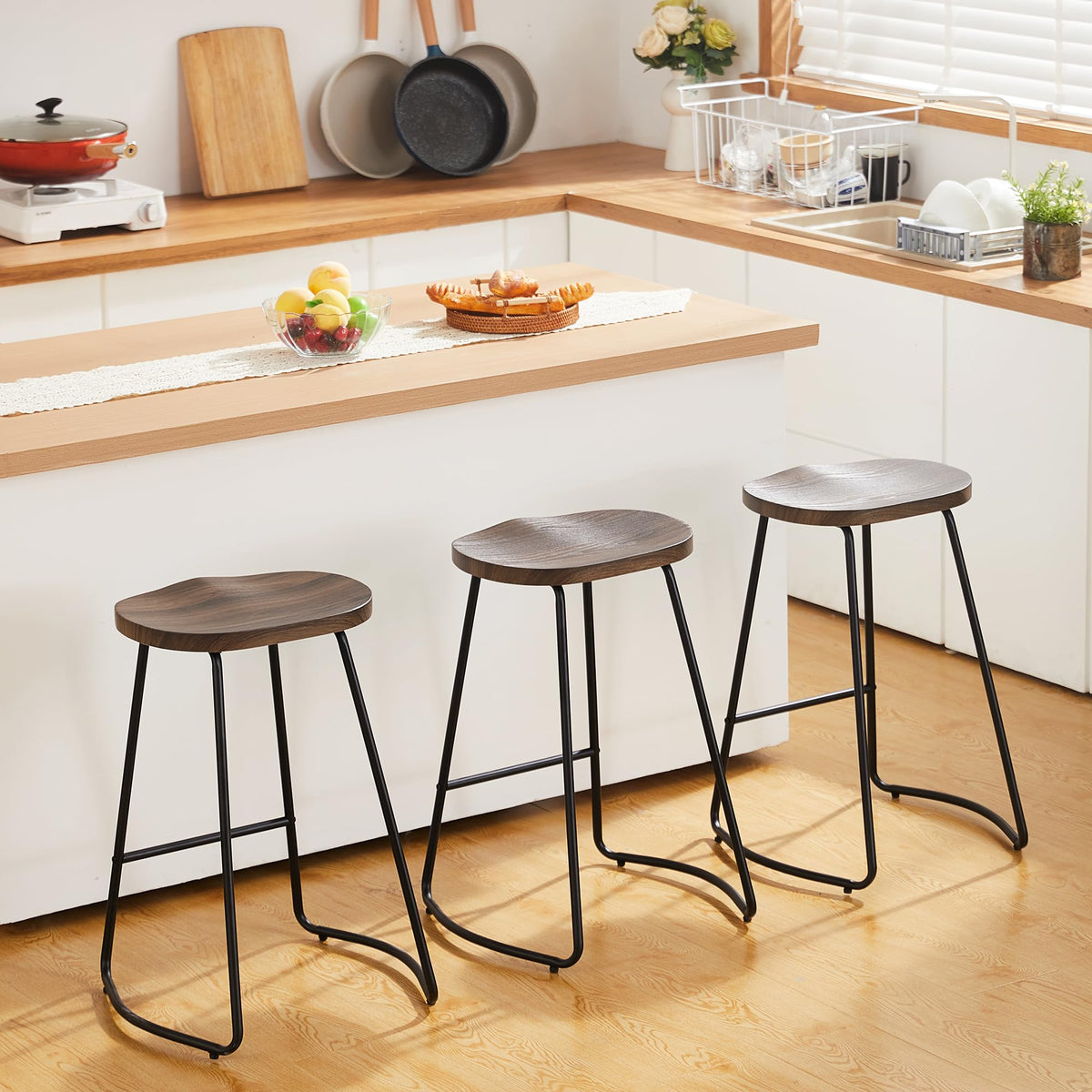 Heugah Bar Stools Set Of 3, Counter Height Saddle Seat Wood Bar Stools, 26' Backless Barstool For Kitchen Island, Brown Bar Stools Easy To Assemble (Brown, 3 Pcs 26Inch Counter Chair)