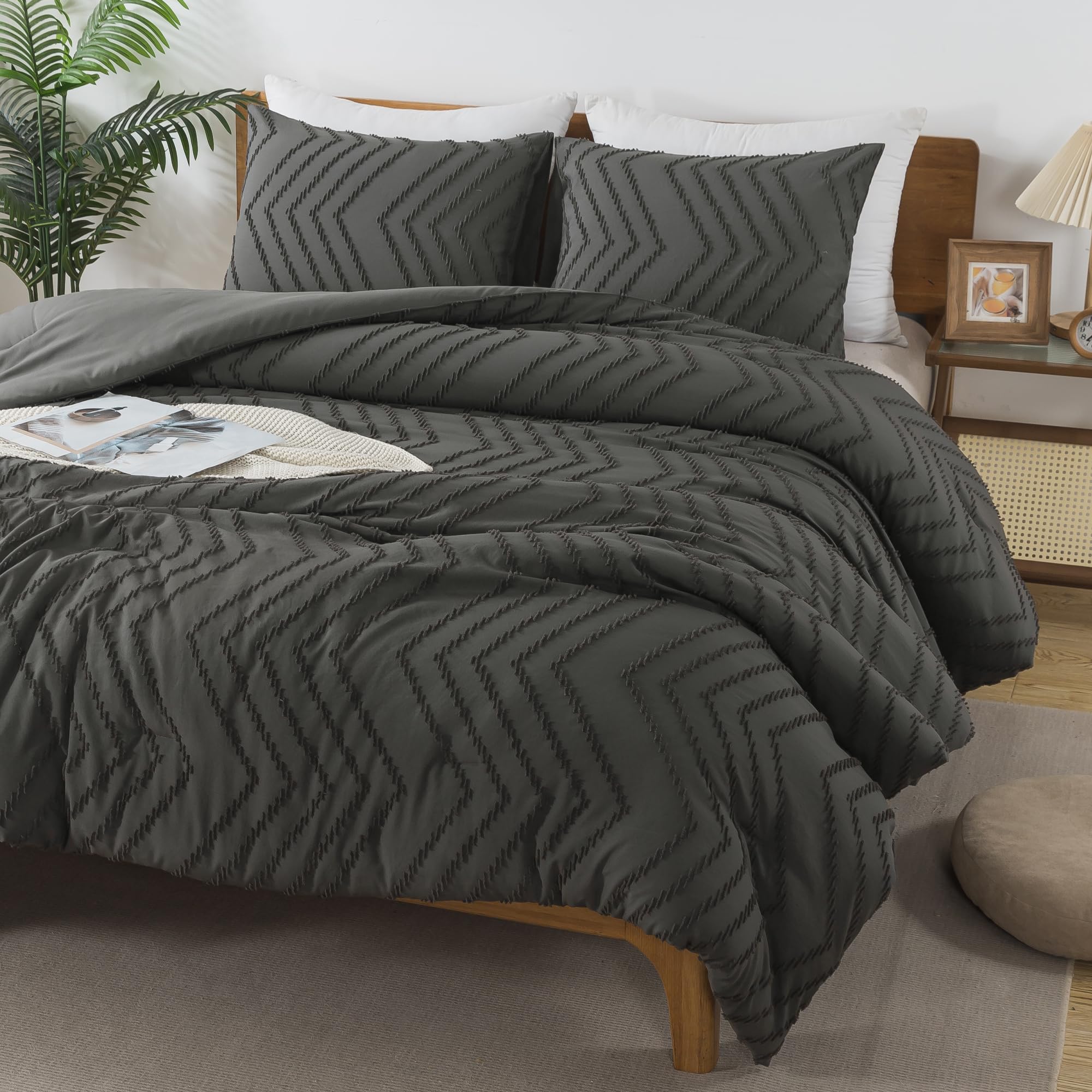 Andency Dark Grey Comforter Set King Size, Boho Soft Warm Tufted Bedding Comforter Sets For King Size Bed, 3 Pieces Aesthetic Ch