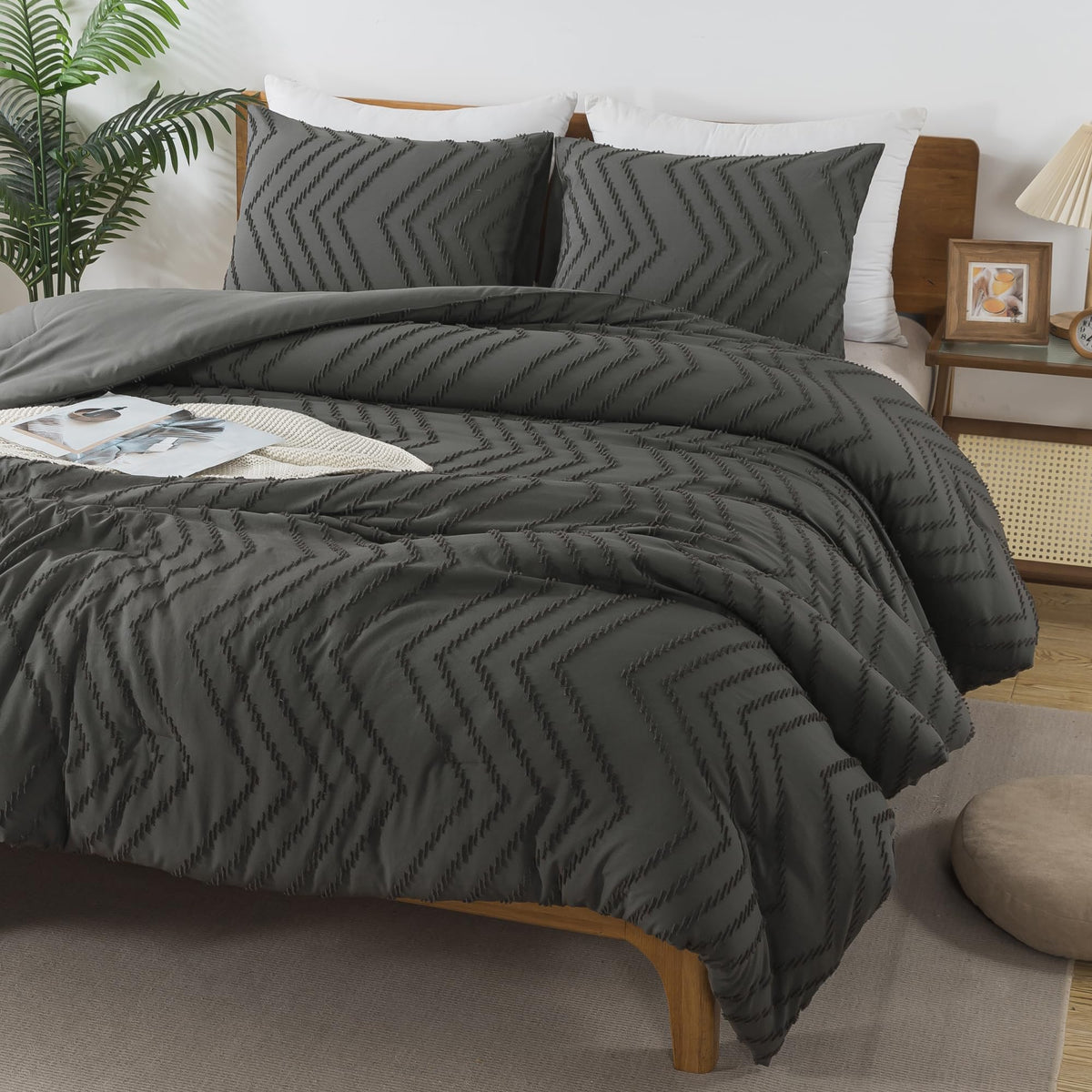 Andency Dark Grey California King Comforter Set, Boho Cal King Soft Warm Tufted Neutral Bedding Comforter Sets, 3 Pieces Cali Ki