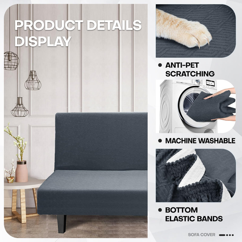 Znsayotx Armless Futon Covers Full Size (67'-82') Stretch Jacquard Sofa Bed Slipcovers, Striped Queen Futon Cover With Non-Slip Elastic Bottom, Soft Cozy Futon Mattress Cover Washable (Dark Grey)