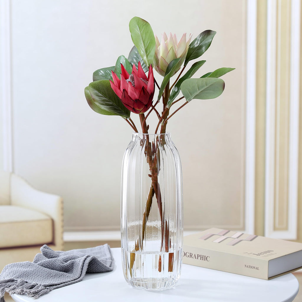 Large Clear Glass Vase For Flowers Bud Tall Glass Vases,H-12.6'' Simple Striped Design For Home Floor Decor,Farmhouse Decor, Cen