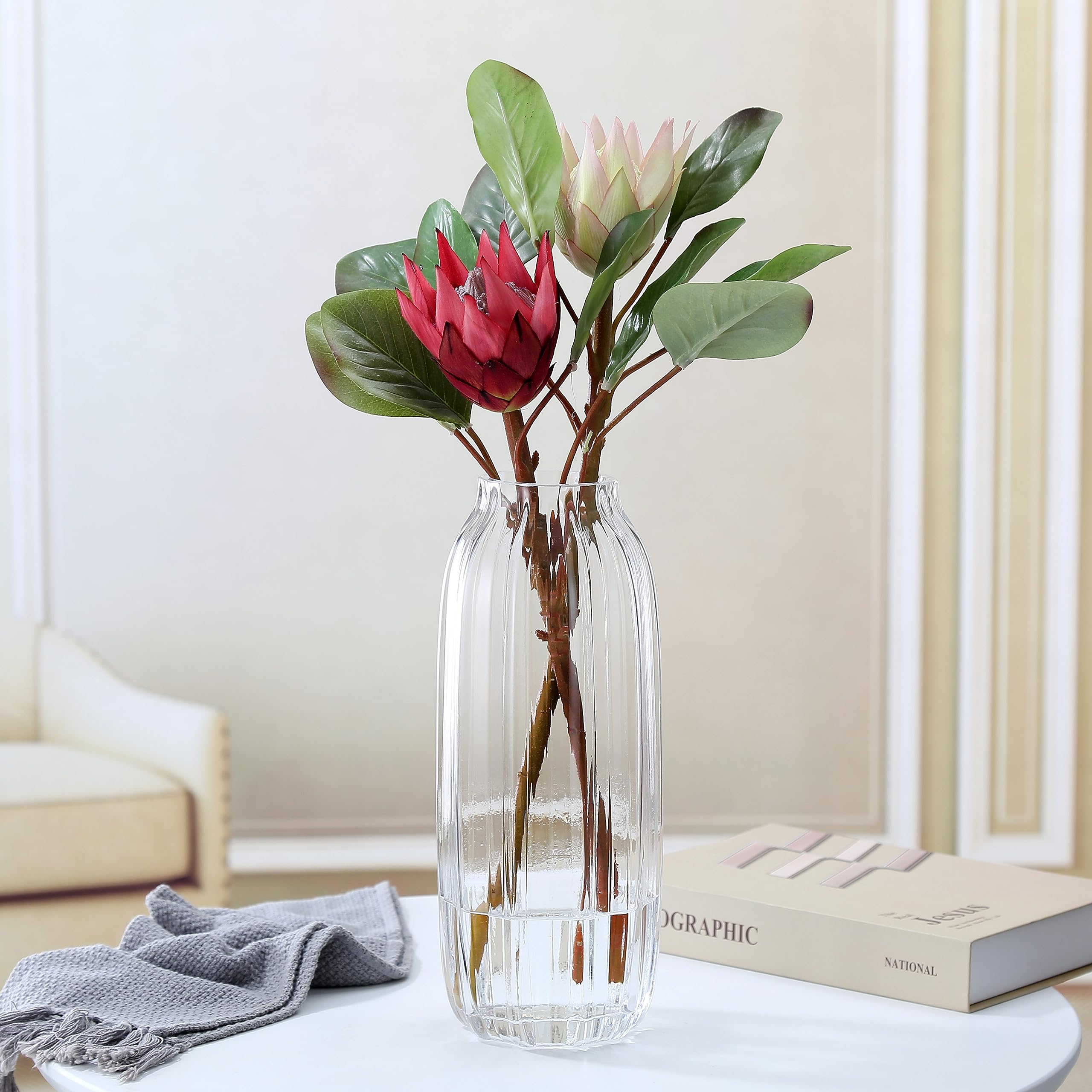 Large Clear Glass Vase For Flowers Bud Tall Glass Vases,H-12.6'' Simple Striped Design For Home Floor Decor,Farmhouse Decor, Cen