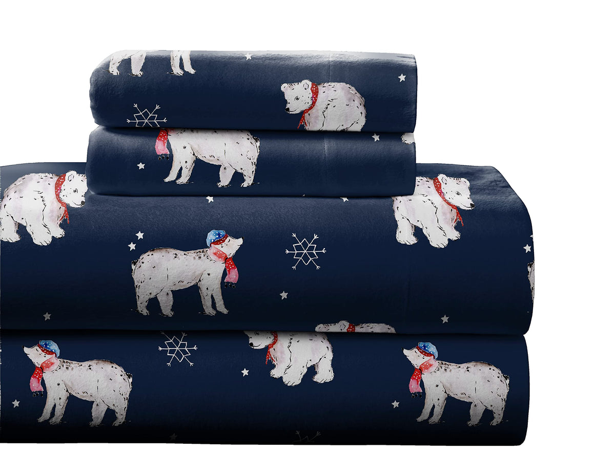 Pointehaven 180 Gsm 100% Cotton Flannel Sheet Set - Queen, Snow Bear - Warm & Cozy - Pre-Shrunk -Deep Pockets - Elastic All Arou