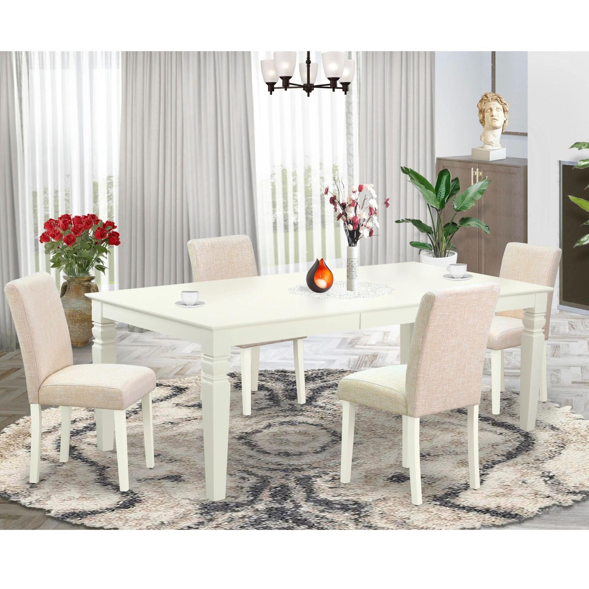 East West Furniture Lgab5-Lwh-02 5 Piece Dining Set Includes A Rectangle Dining Room Table With Butterfly Leaf And 4 Light Beige Linen Fabric Upholstered Chairs, 42X84 Inch, Linen White