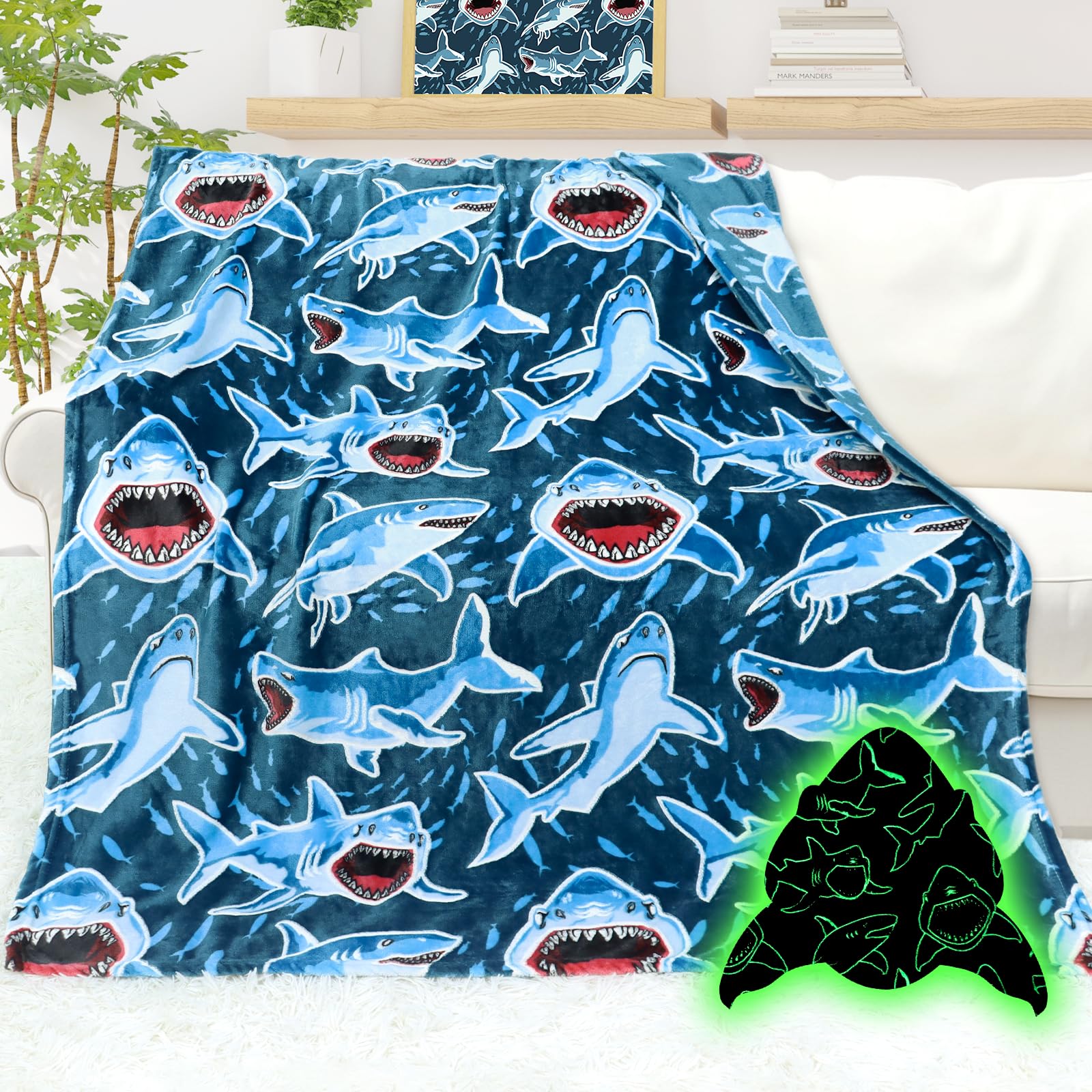 Aisde Shark Blanket Glow In The Dark Blanket For Boys Blue Throw Blanket Girls Whale Shark Blankets Kids Ocean Shark Decor Blank