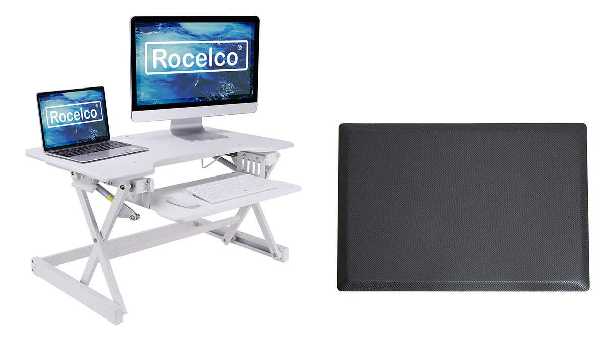 Rocelco 32&quot; Height Adjustable Standing Desk Converter BUNDLE - Sit Stand Computer Workstation Riser with Anti Fatigue Mat - Dual Monitor Retractable Keyboard Tray Gas Spring - Black (R EADRW-MAFM)