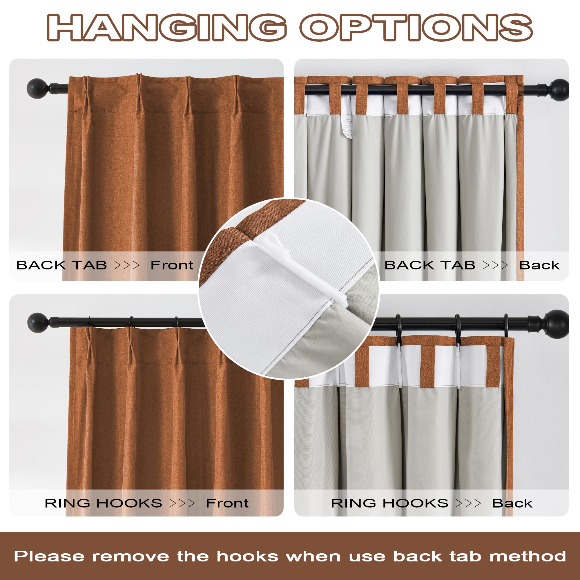 Dualife Rust Pinch Pleated Blackout Curtains 102 Inches Long, Boho Farmhouse Retro Totally Blackout Curtains Drapes With Hooks F
