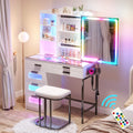 HENBC Vanity Desk with Sliding Mirror and Glass Desktop, LED Vanitys Mirror with RGB Lights Desk and Chair, Dressers Table Set w