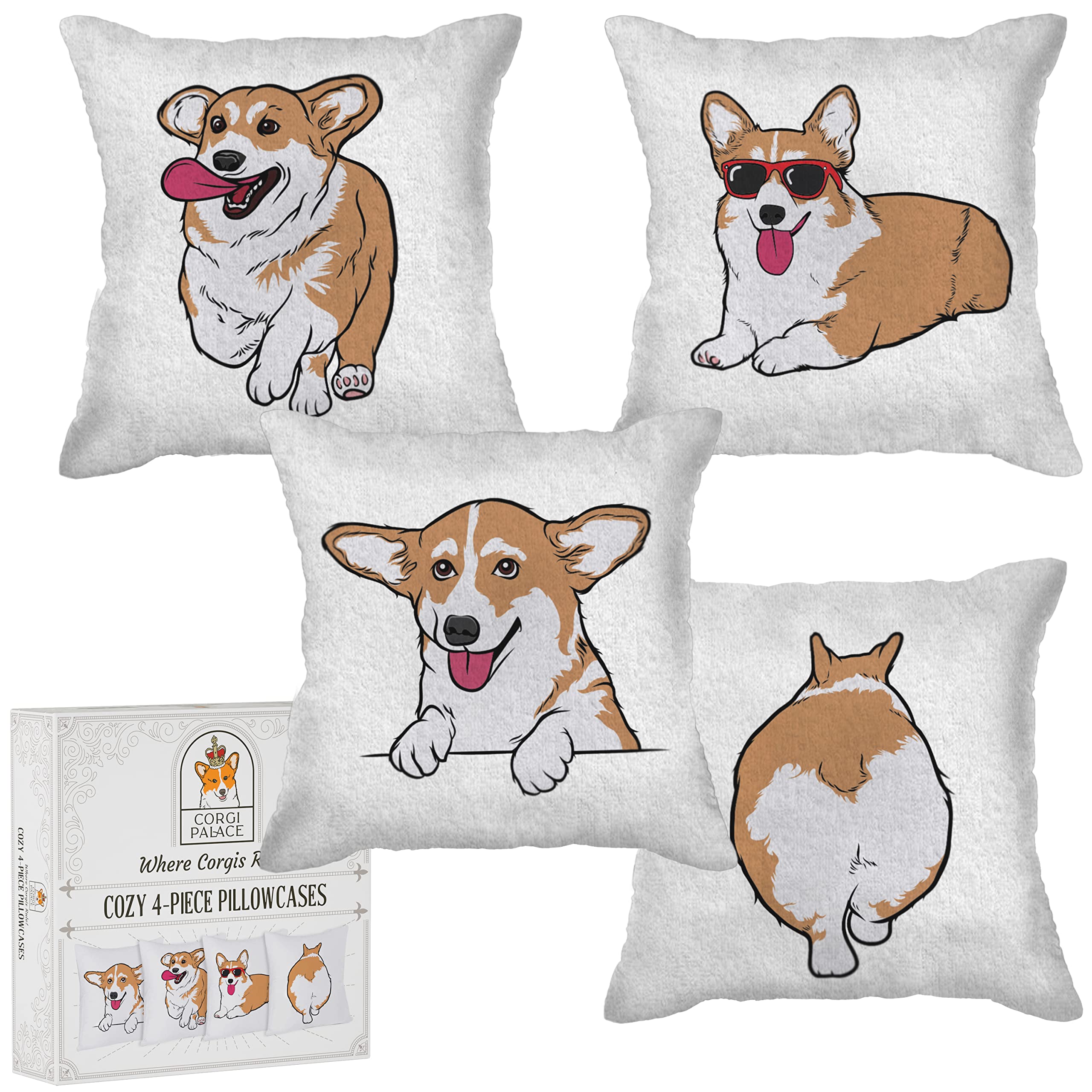 Corgi Palace Corgi Cozy 4-Piece Pillowcase Set, Super Fun Corgi Gifts For Corgi Lovers, Plush And Funny Corgi Pillow Set, Adorab