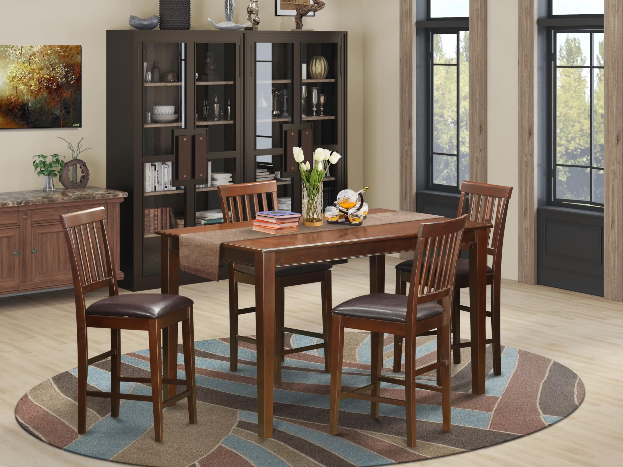 East West Furniture Dudley 5 Piece Counter Height Set Includes a Rectangle Kitchen Table and 4 Faux Leather Upholstered Dining Chairs, 36x60 Inch, Mahogany