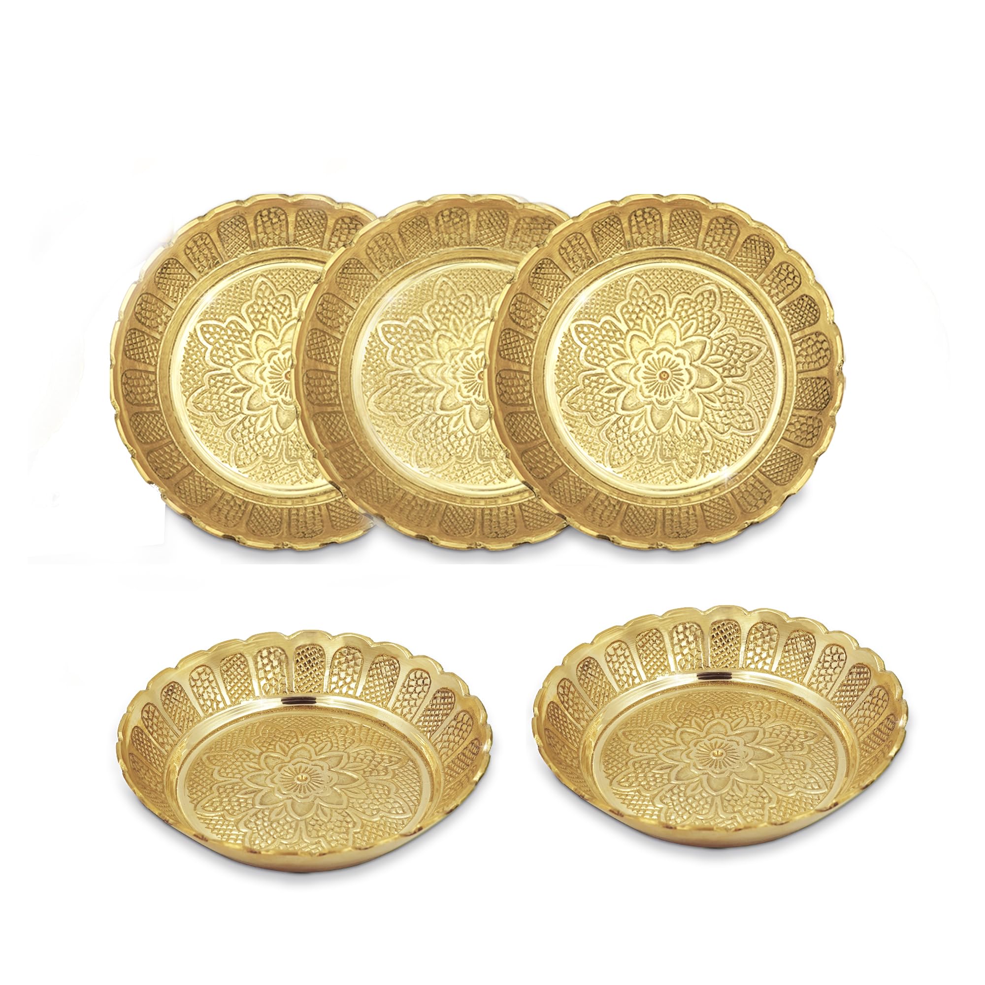 Shubhkart Solid Brass Decorative Nakshi Plate Set for Puja, Decoration & Diwali Gifting (Small 7 cm, Pack of 5, Solid Brass)