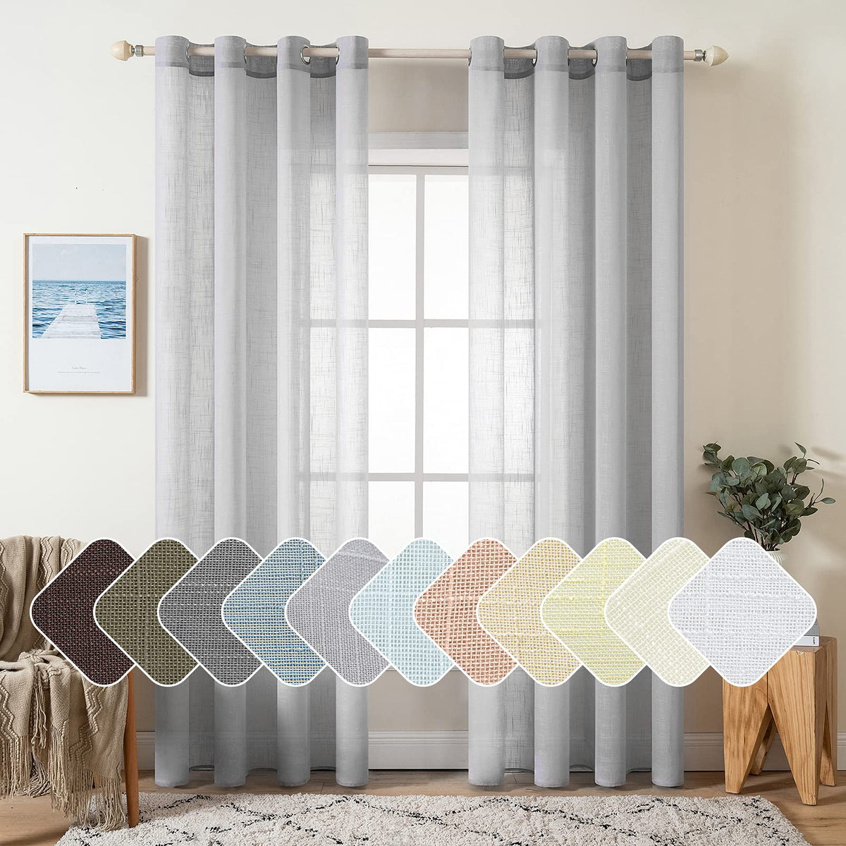 Miulee 2 Panels Natural Linen Semi Sheer Window Curtains Elegant Solid Light Grey Drapes Grommet Top Window Voile Panels Linen T