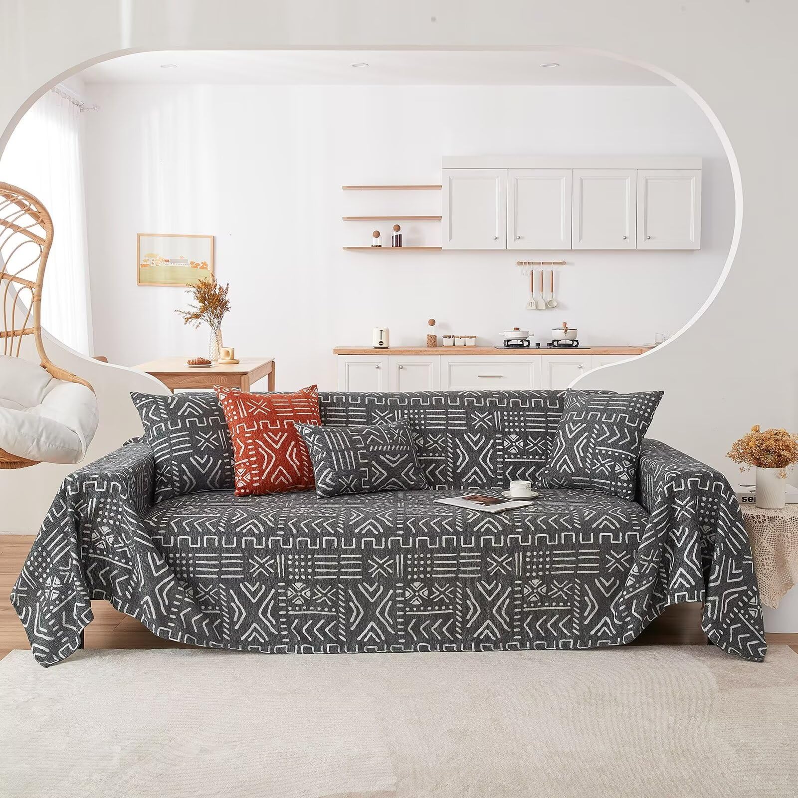 Vclife Boho Sofa Cover White Black Geometry Jacquard Couch Cover For 2 Cushion Couch Sofa Non Slip Pet Friendly Chenille Throw S