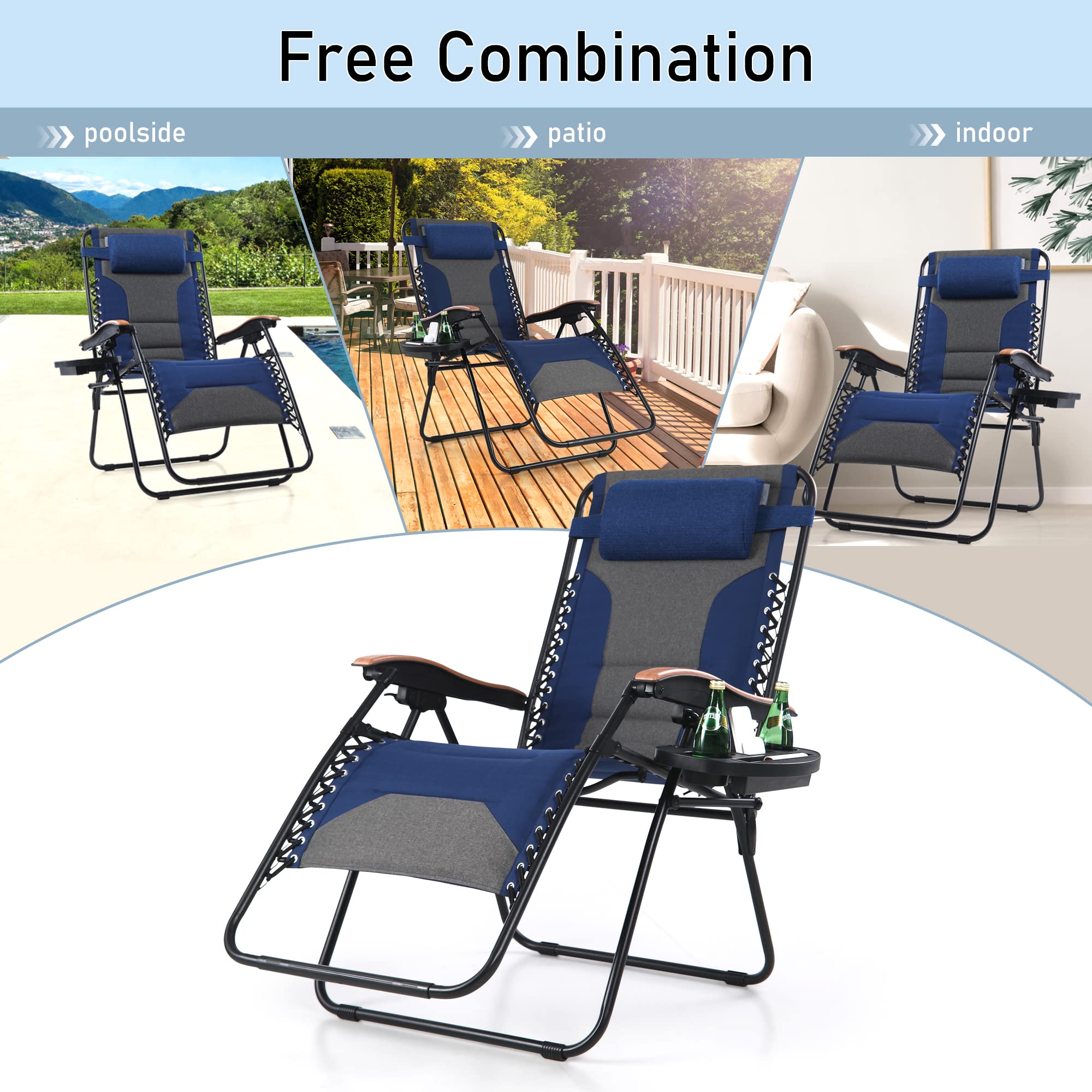 Phi Villa Xxl Oversized Padded Zero Gravity Chair, Foldable Patio Recliner, 30' Wide Seat Anti Gravity Lounger With Cup Holder, Set Of 2, Support 400 Lbs (Thumb Blue)
