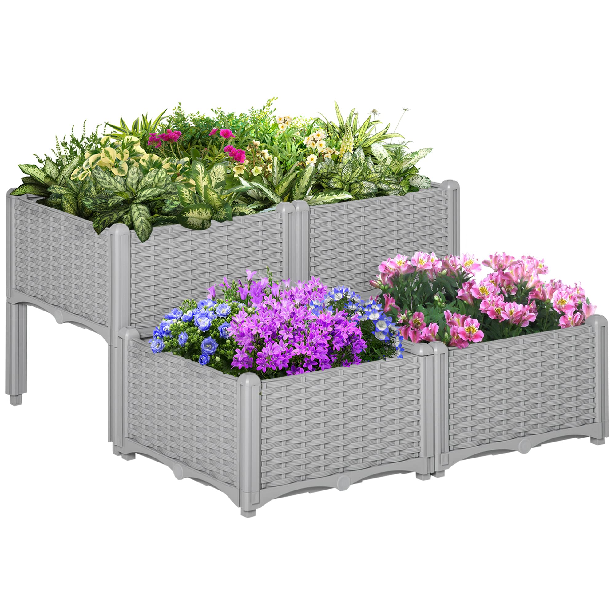Outsunny 4 Piece Raised Garden Bed With Legs, Self-Watering Planter Box Raised Bed To Grow Flowers, Herbs & Vegetables, Gray