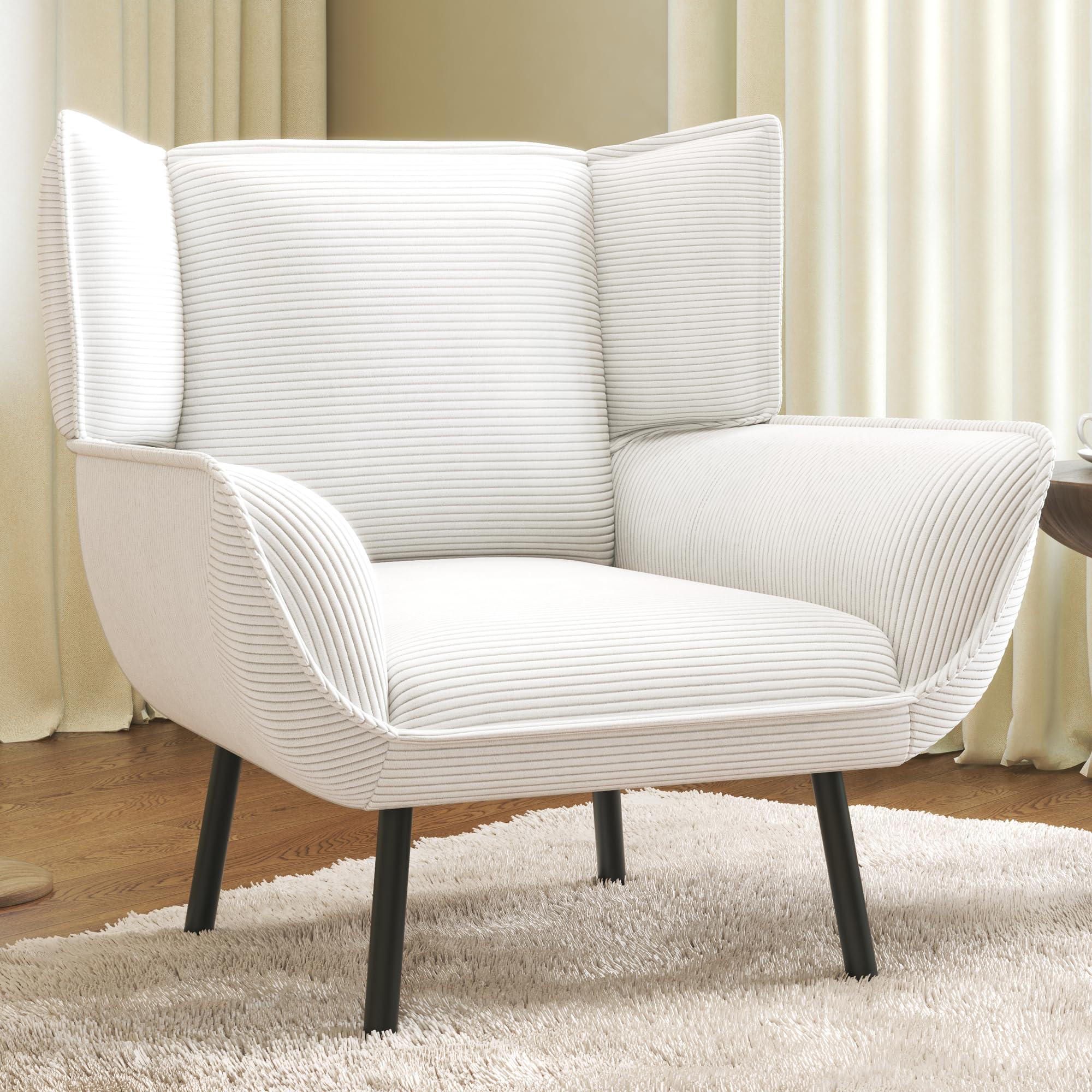 Amerlife Accent Chair- Upholstered Living Room Chair With High Wingback, White Reading Armchair For Bedroom, Comfy Corduroy Chair