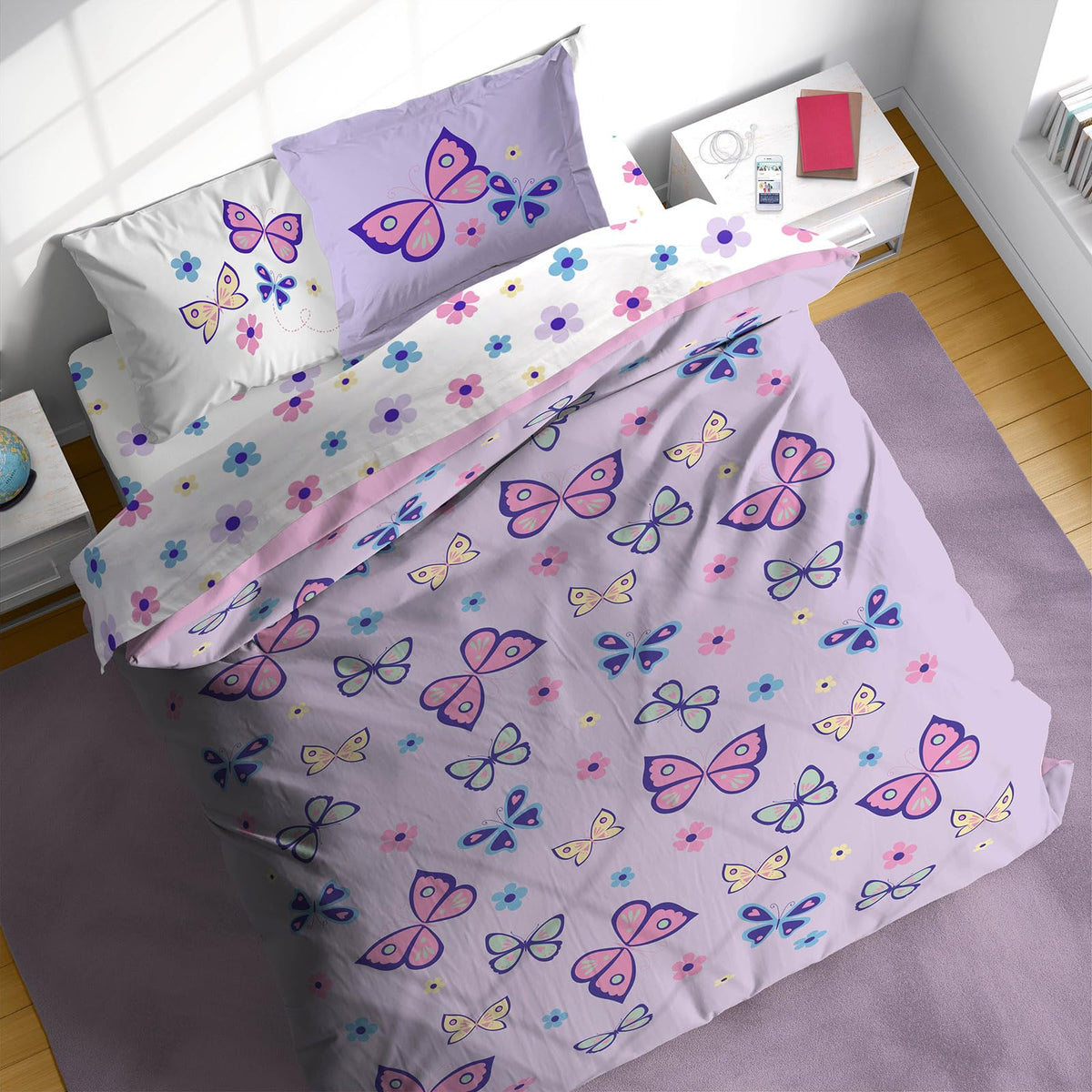 Sunny Side Up Butterfly Full Comforter Set - 7 Piece Kids Bedding Includes Comforter, Sheets & Pillow Cover - Super Soft Purple