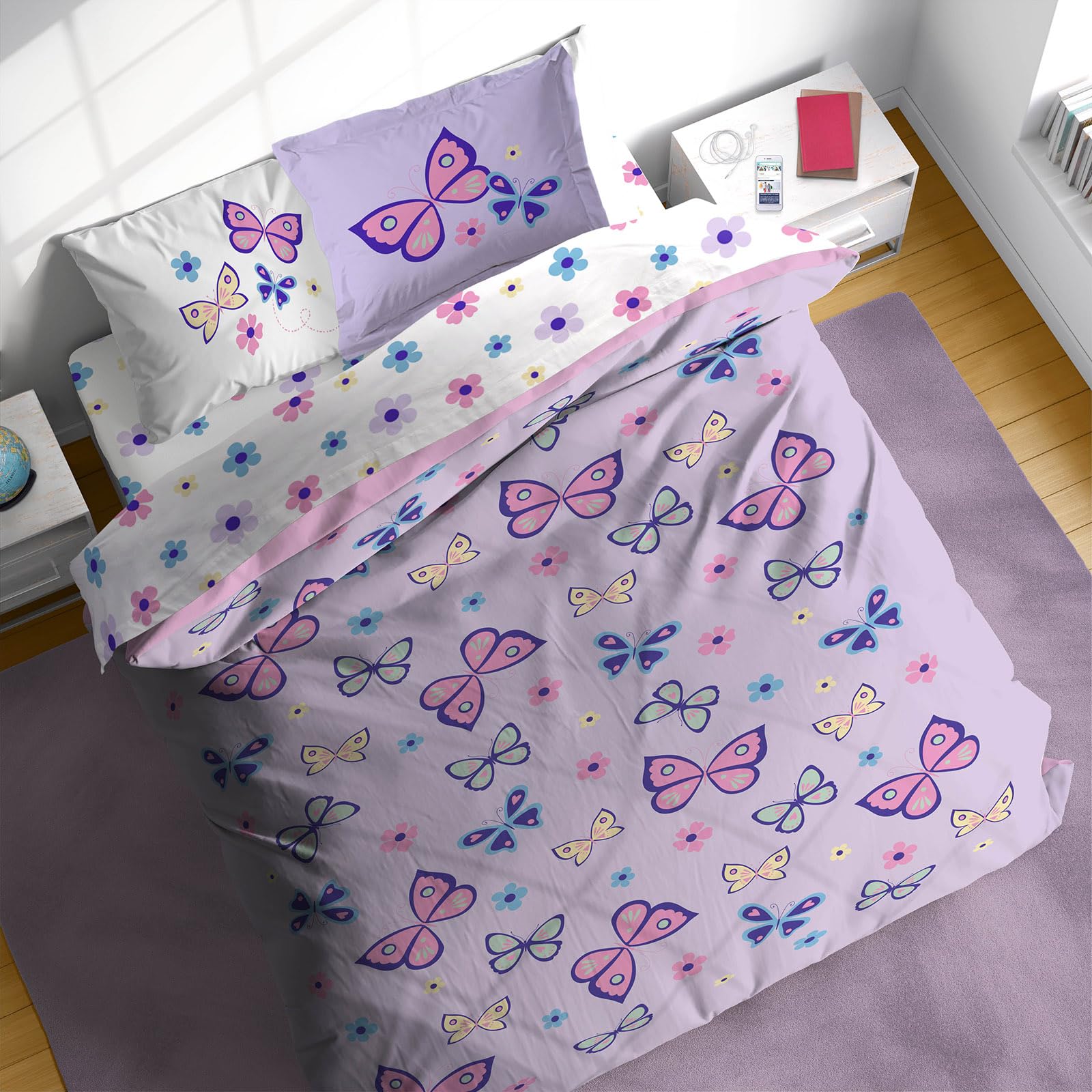 Sunny Side Up Butterfly Full Comforter Set - 7 Piece Kids Bedding Includes Comforter, Sheets & Pillow Cover - Super Soft Purple