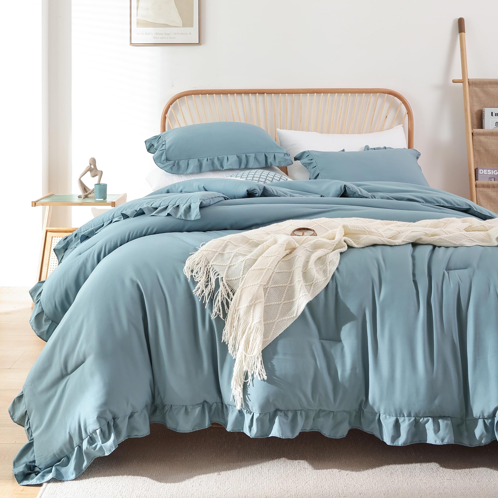 Janzaa King Size Comforter Set Mineral Blue Ruffle Comforter 3Pcs Soft Fluffy Boho Comforter Vintage Farmhouse Bed Comforter Set