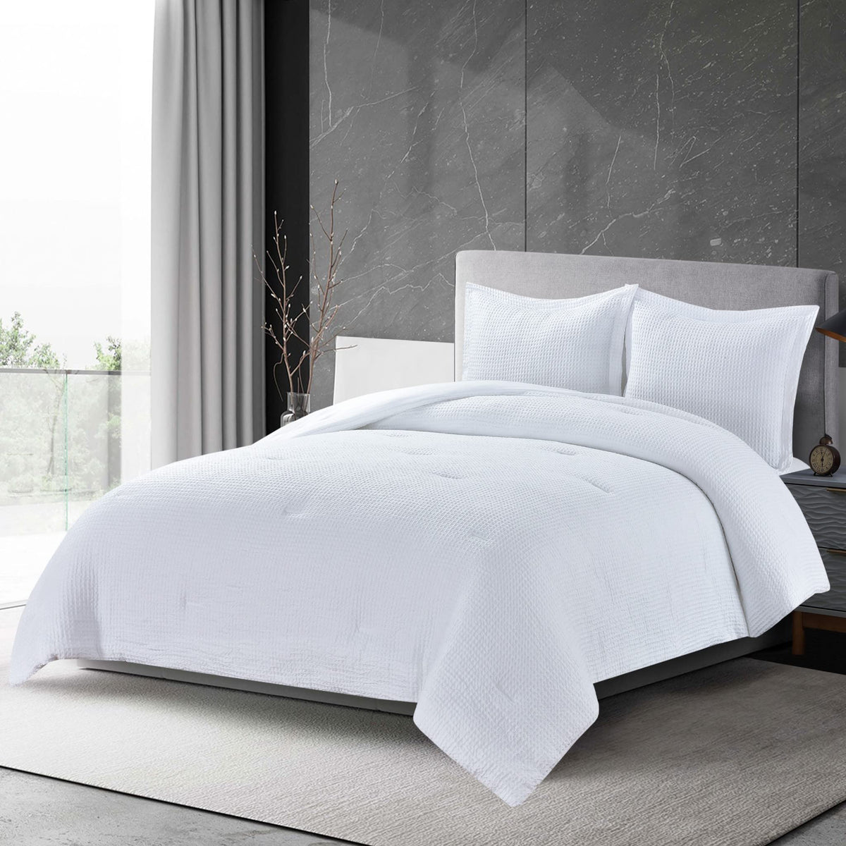 Chezmoi Collection Wilmer 3-Piece Waffle Weave Comforter Set - Soft And Cozy All Season Bedding Set, Queen, White
