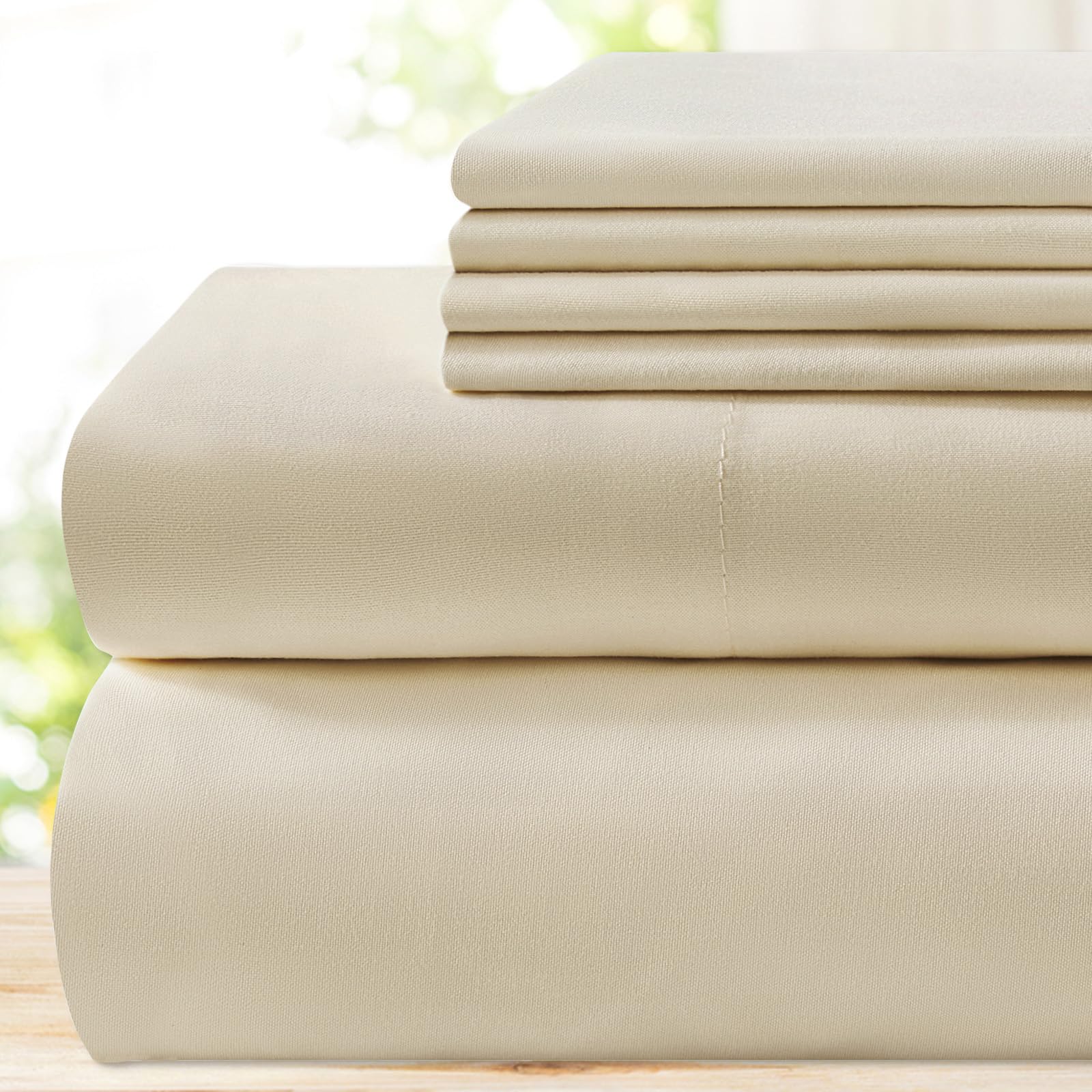 Bysure 6 Pieces Bed Sheets Set(Queen, Cream/Beige) - Hotel Luxury Super Soft 1800 Thread Count 100% Microfiber Sheets With Deep