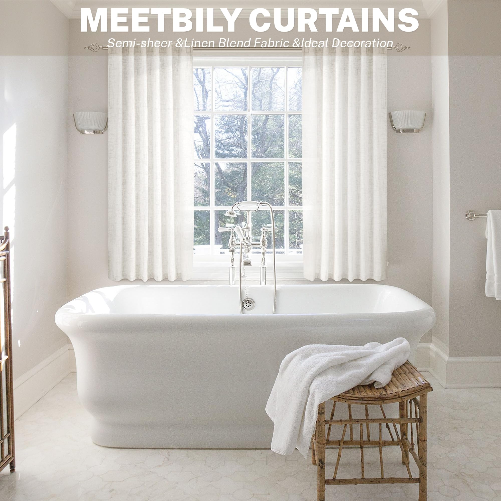 Meetbily Ivory Kitchen Curtains 45 Inch Length 2 Panels Rod Pocket Back Tab Light Filtering Semi Sheer Cafe Curtains Tiers Short