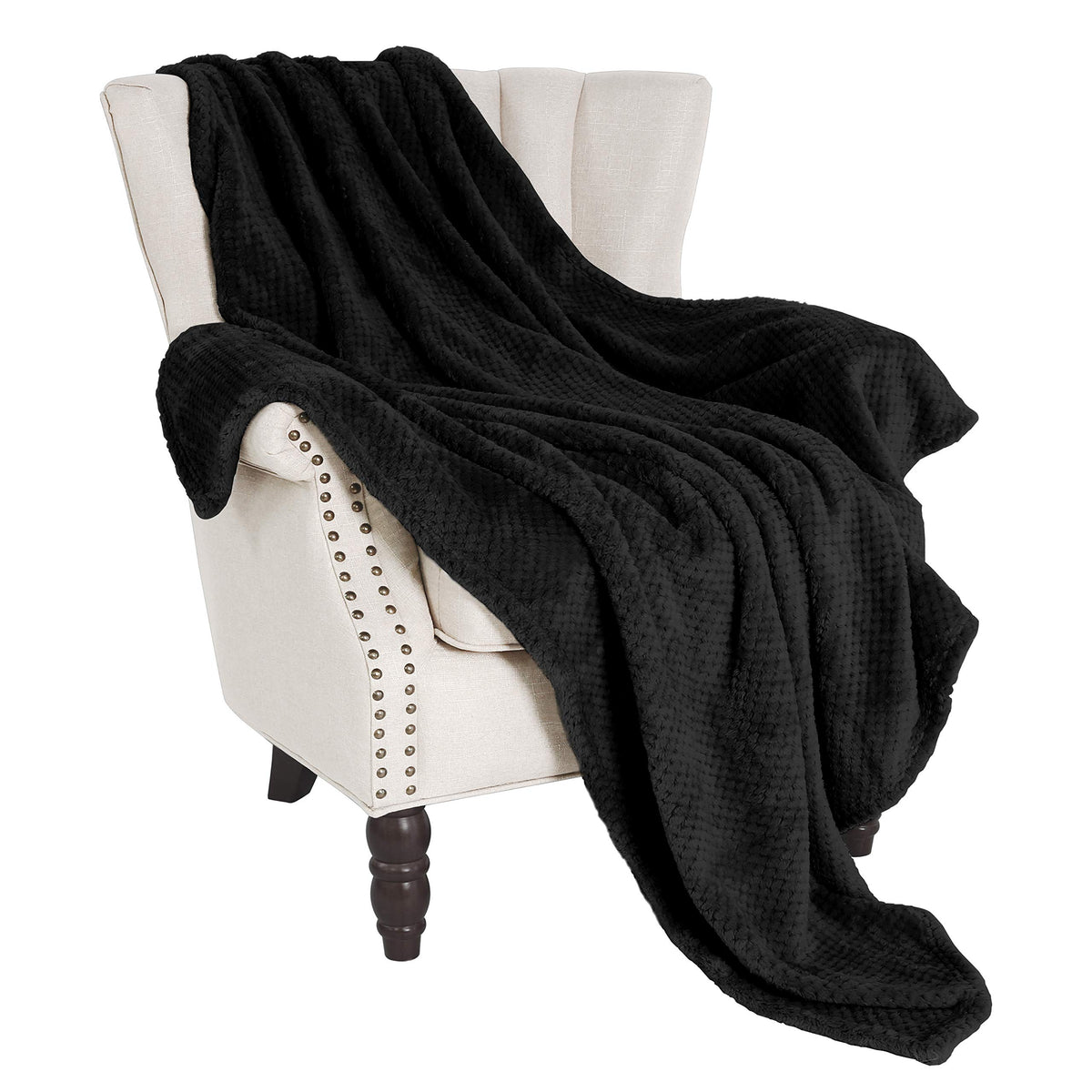 Exclusivo Mezcla Waffle Textured Soft Fleece Blanket, King Size Bed Blanket, Cozy Warm And Lightweight (Black, 90X104 Inches)