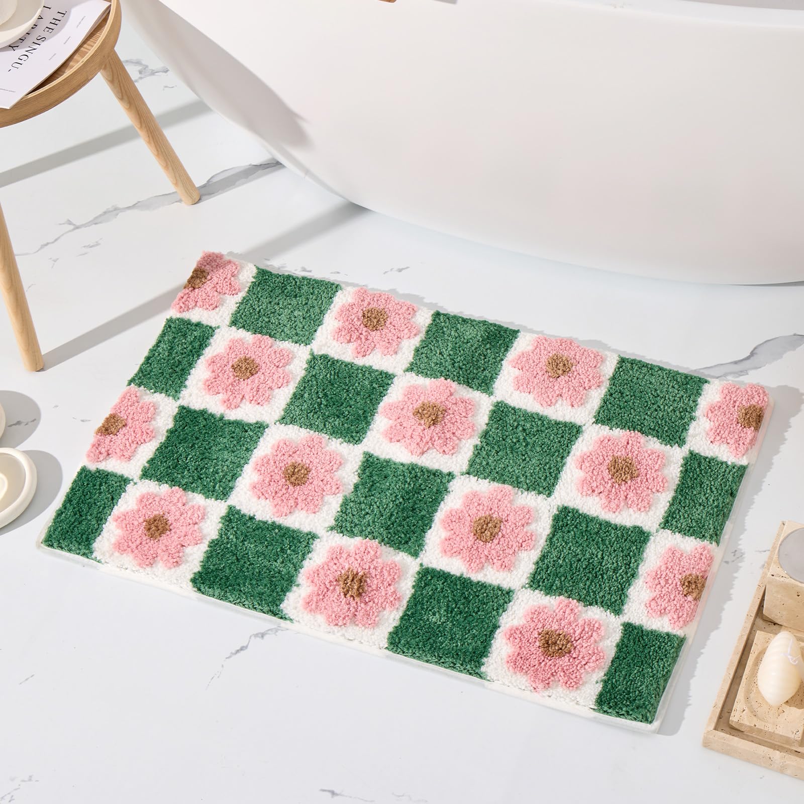 ORTIGIA Cute Green Bathroom Rug Checkered Pink Floral Bath Mat Soft Microfiber Non Slip Washable Absorbent Rugs for Laundry Sink