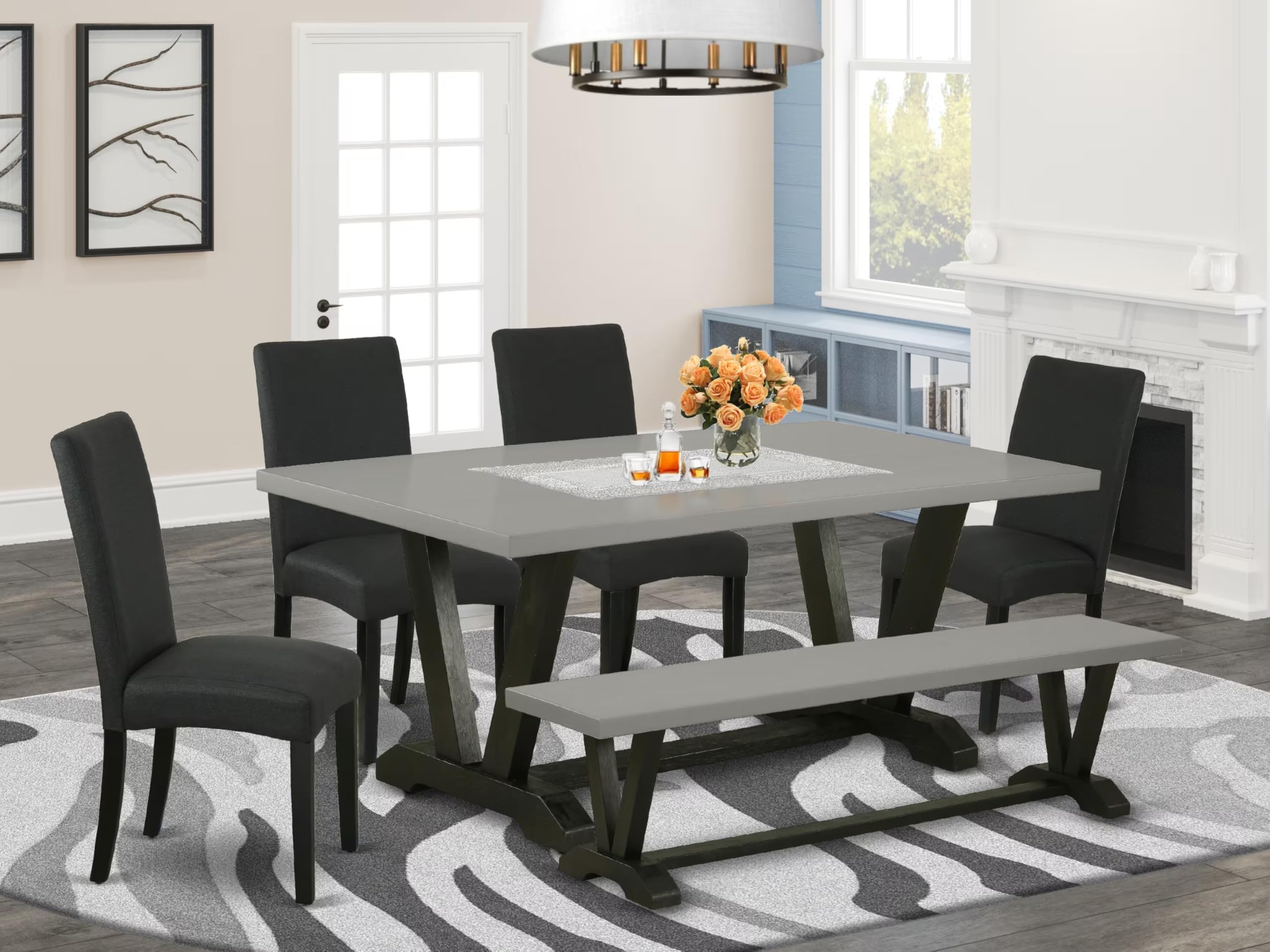 East West Furniture V697Dr124-6 6 Piece Dining Table Set Contains A Rectangle Wooden Table With V-Legs And 4 Black Color Linen Fabric Parson Chairs With A Bench, 40X72 Inch, Multi-Color