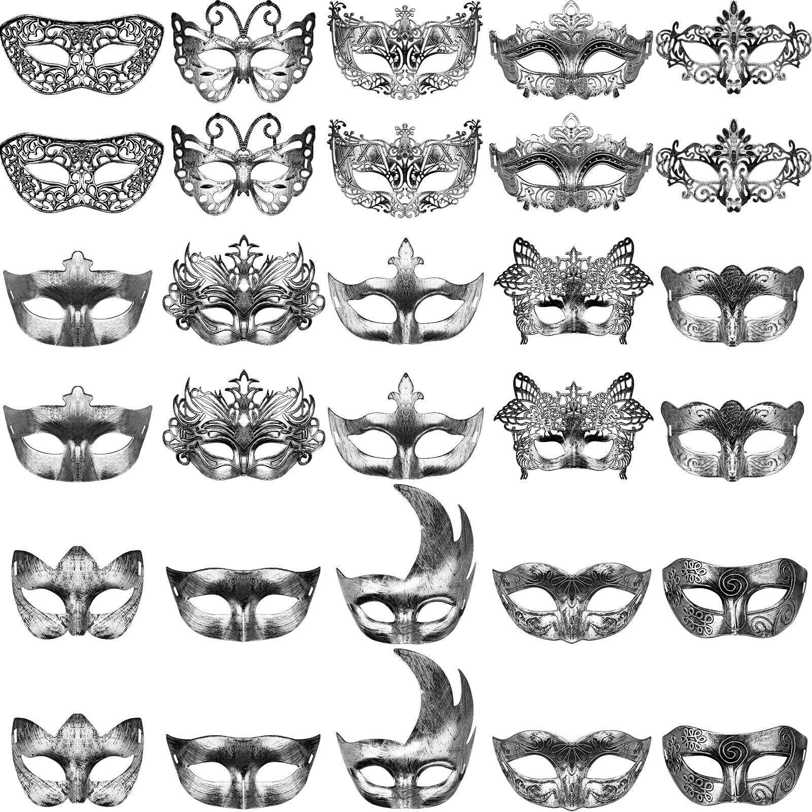 Yunsailing 30 Pieces Masquerade Mask Antique Masks with Straps for Wome Men Mardi Gras Halloween Venetian Ball Party(Silver)