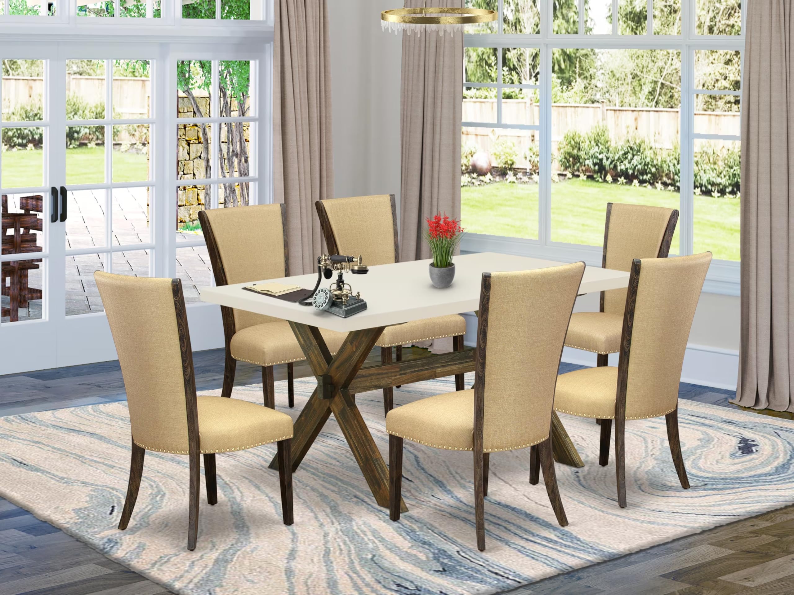 East West Furniture X726Ve703-7 7 Piece Kitchen Table Set Consist Of A Rectangle Dining Table With X-Legs And 6 Brown Linen Fabric Parsons Dining Chairs, 36X60 Inch, Multi-Color