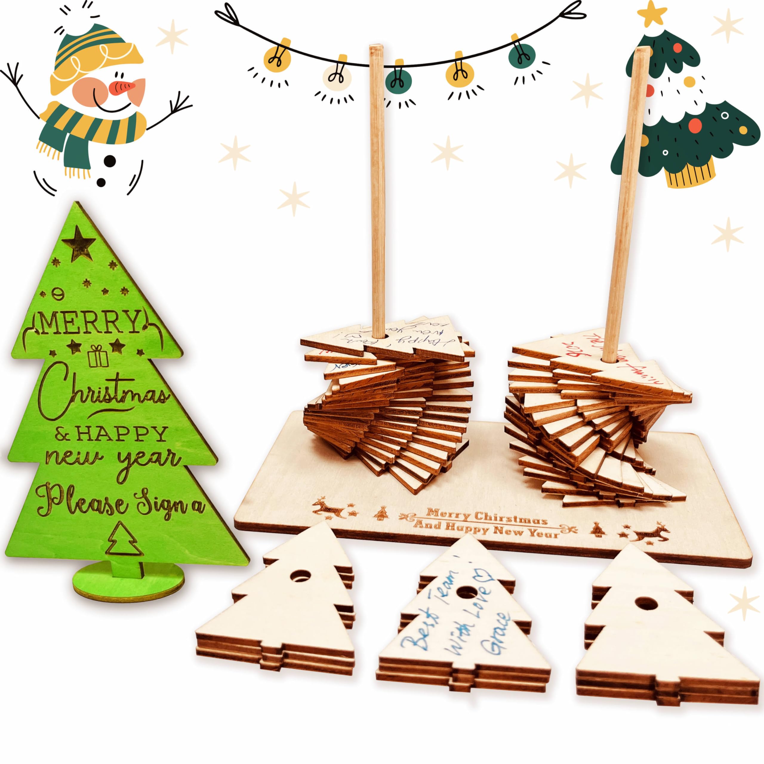 Neamon Interactive Wooden Christmas Tree Guest Book Alternative 70Pcs DIY Holiday Signature Merry Christmas Ornament Kit for Fam