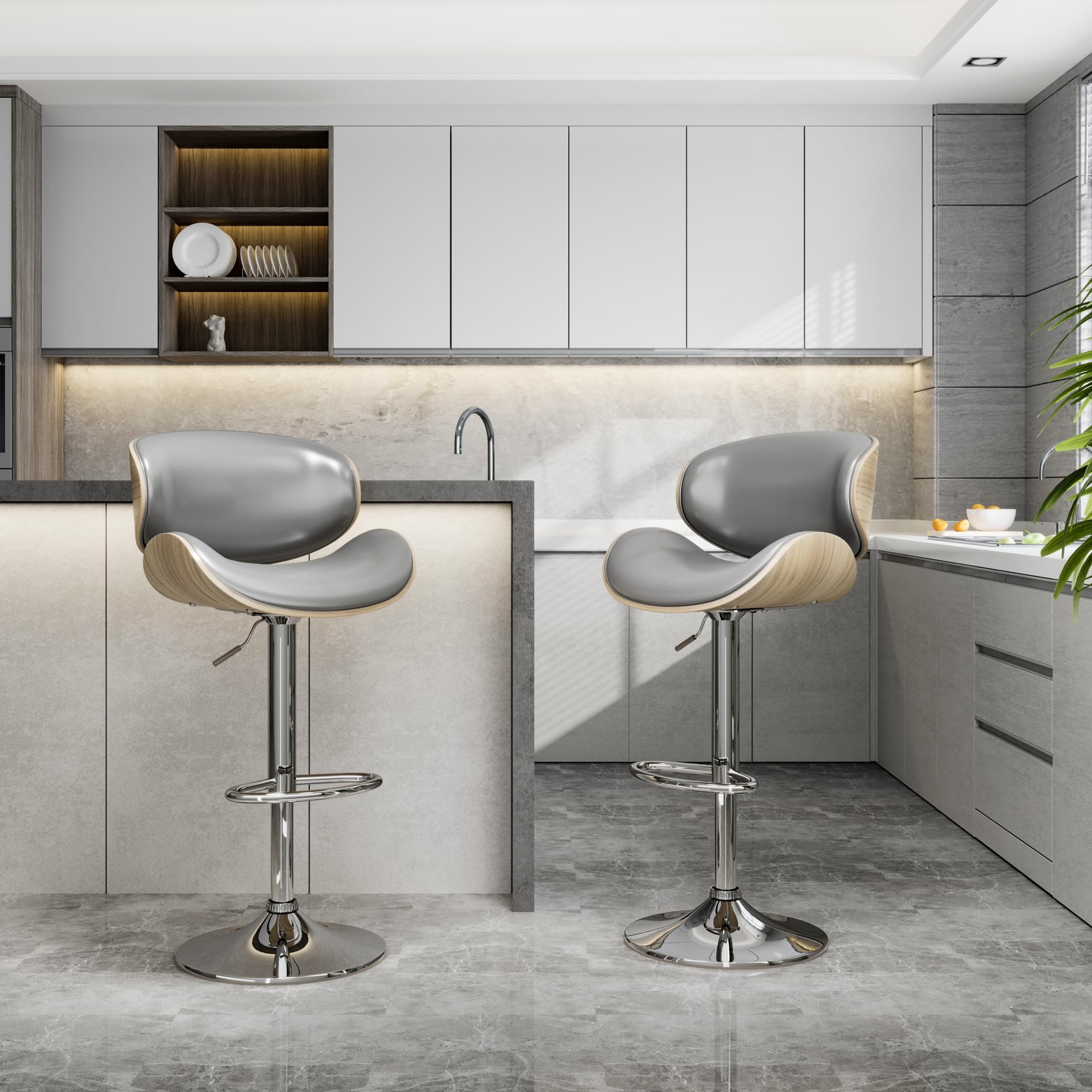 Yafiti Bar Stools Set Of 2, Bentwood Adjustable Height Swivel Bar Stools, Pu Leather Upholstered Bar Chair With Back And Footres