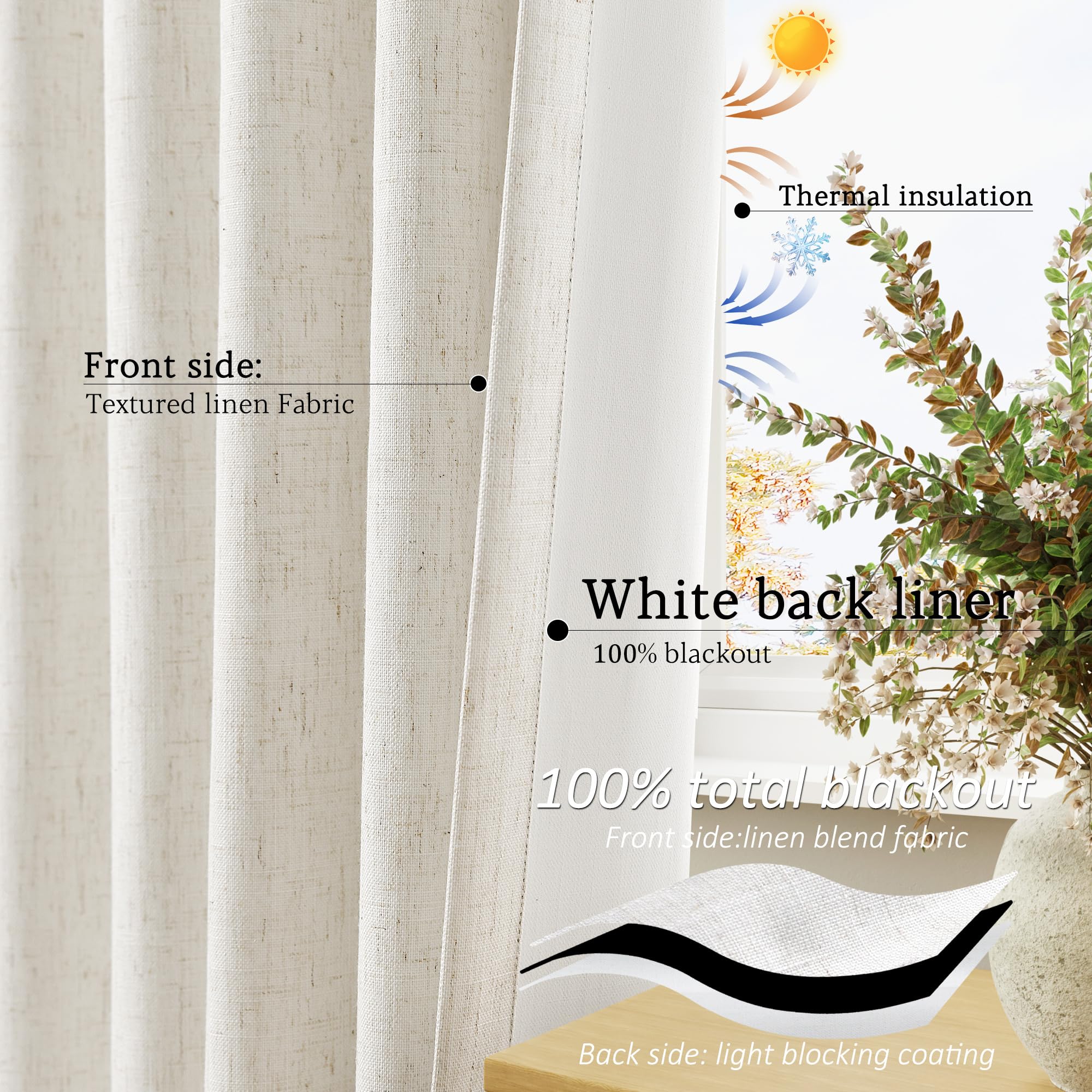 Jowels Cream Linen Blackout Curtains 96 Length 2 Panels Set For Living Room Bedroom, 100% Black Out Thermal Insulated Linen Drap