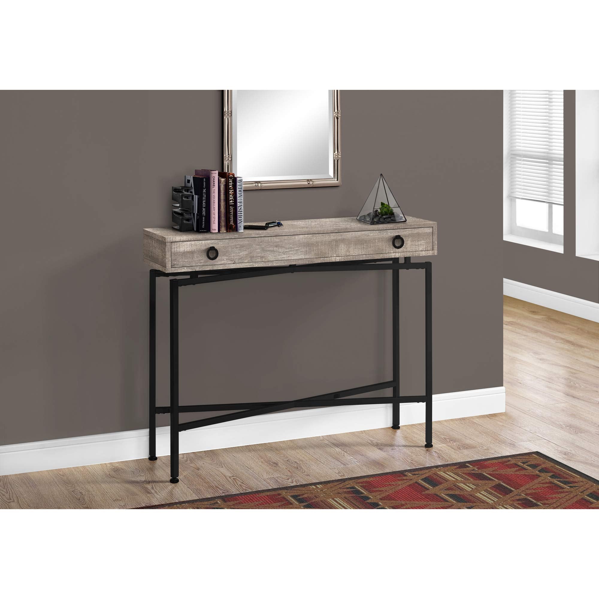 Monarch Specialties Console Sofa Accent Table, 42&quot; L, Taupe Reclaimed Wood-Look/Black Base
