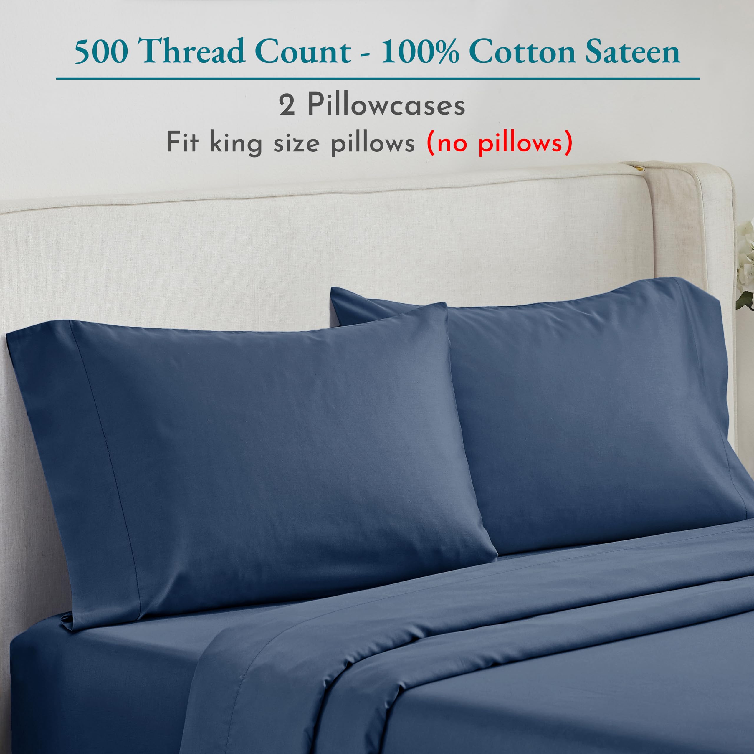 California Design Den Soft & Silky 500 Thread Count 100% Cotton Sateen, Cool & Smooth With A Classic Opening, Set Of 2 King Pill