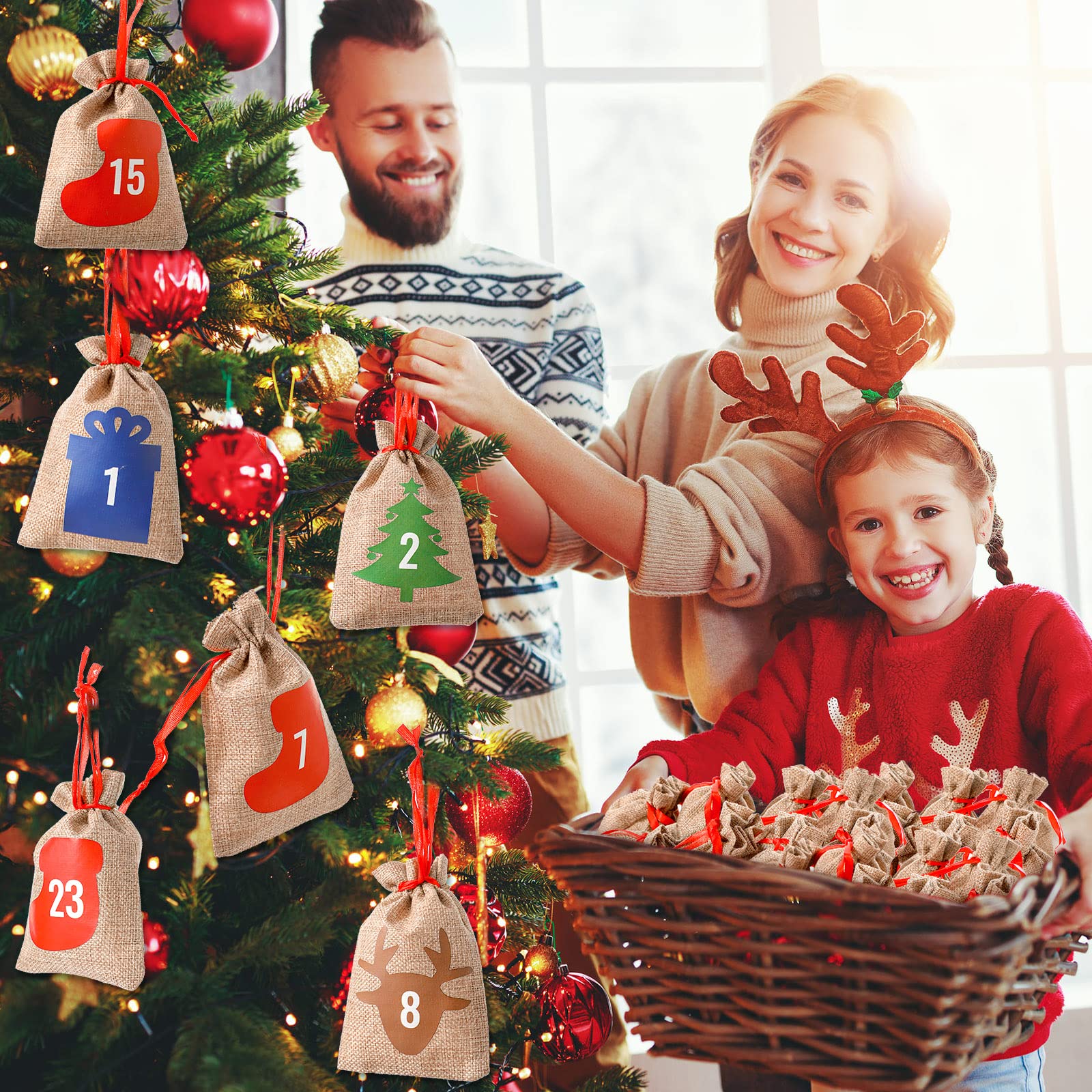 24 Pcs Christmas Advent Calendar Bags 24 Days Burlap Countdown Calendar Bags 4X6 Inch Drawstring Gift Bag Pouches With Xmas Mini