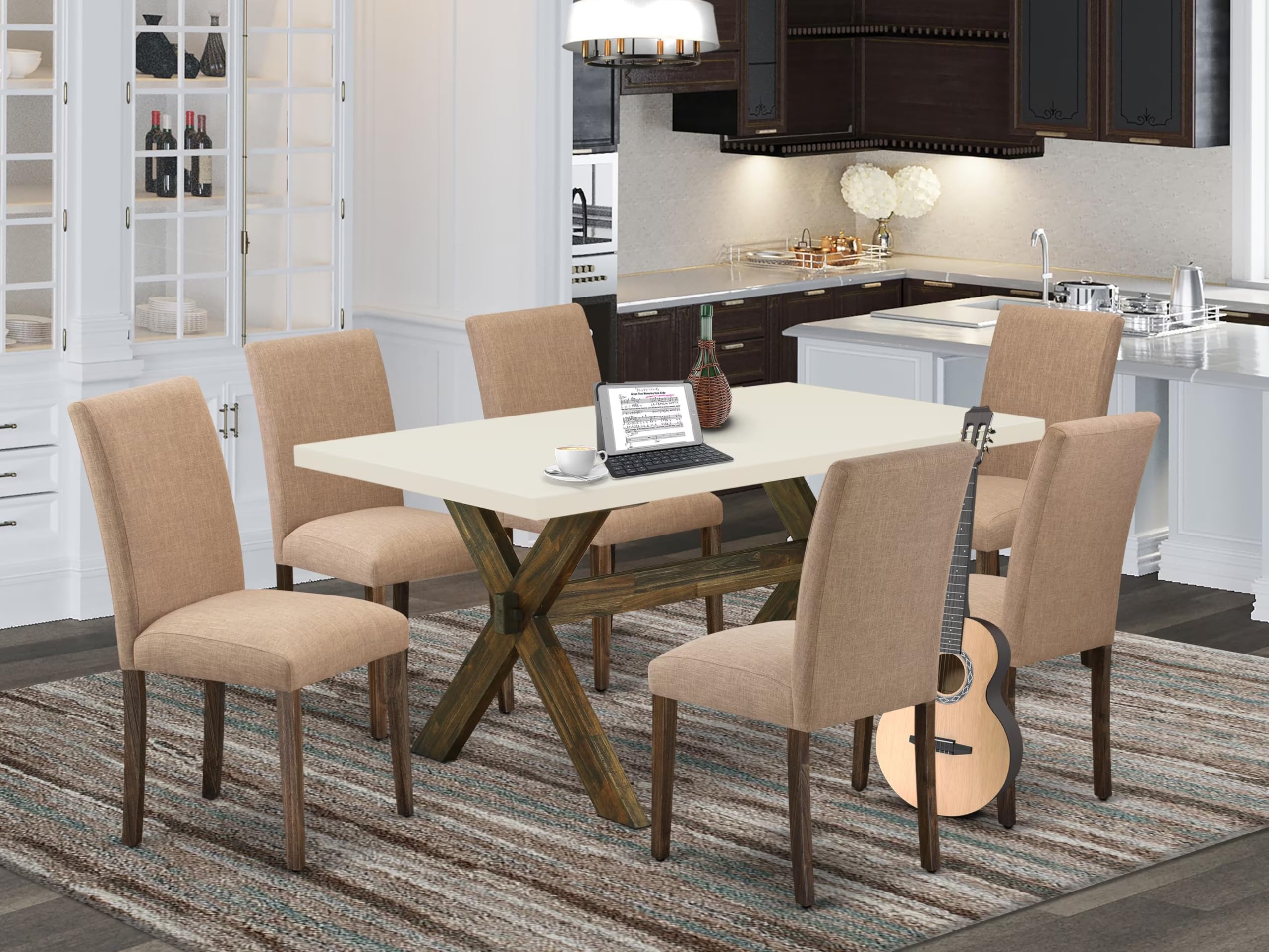 East West Furniture X726Ab747-7 7 Piece Modern Dining Table Set Consist Of A Rectangle Wooden Table With X-Legs And 6 Light Sable Linen Fabric Parsons Dining Chairs, 36X60 Inch, Multi-Color