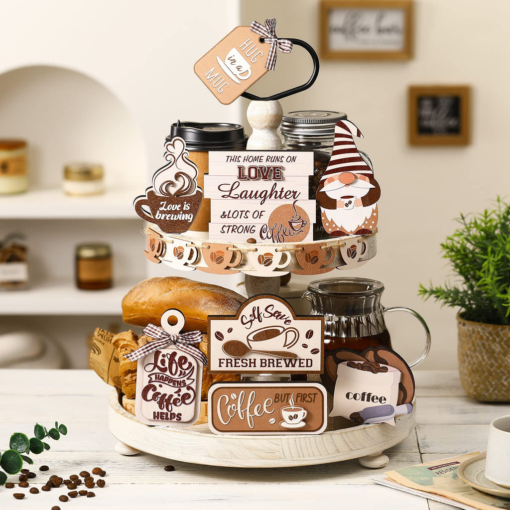 14 Pieces Coffee Tiered Tray Decor Set Coffee Theme Tiered Tray Decor Coffee Wood Signs Coffee Sign Rustic Trays Decor For Summe