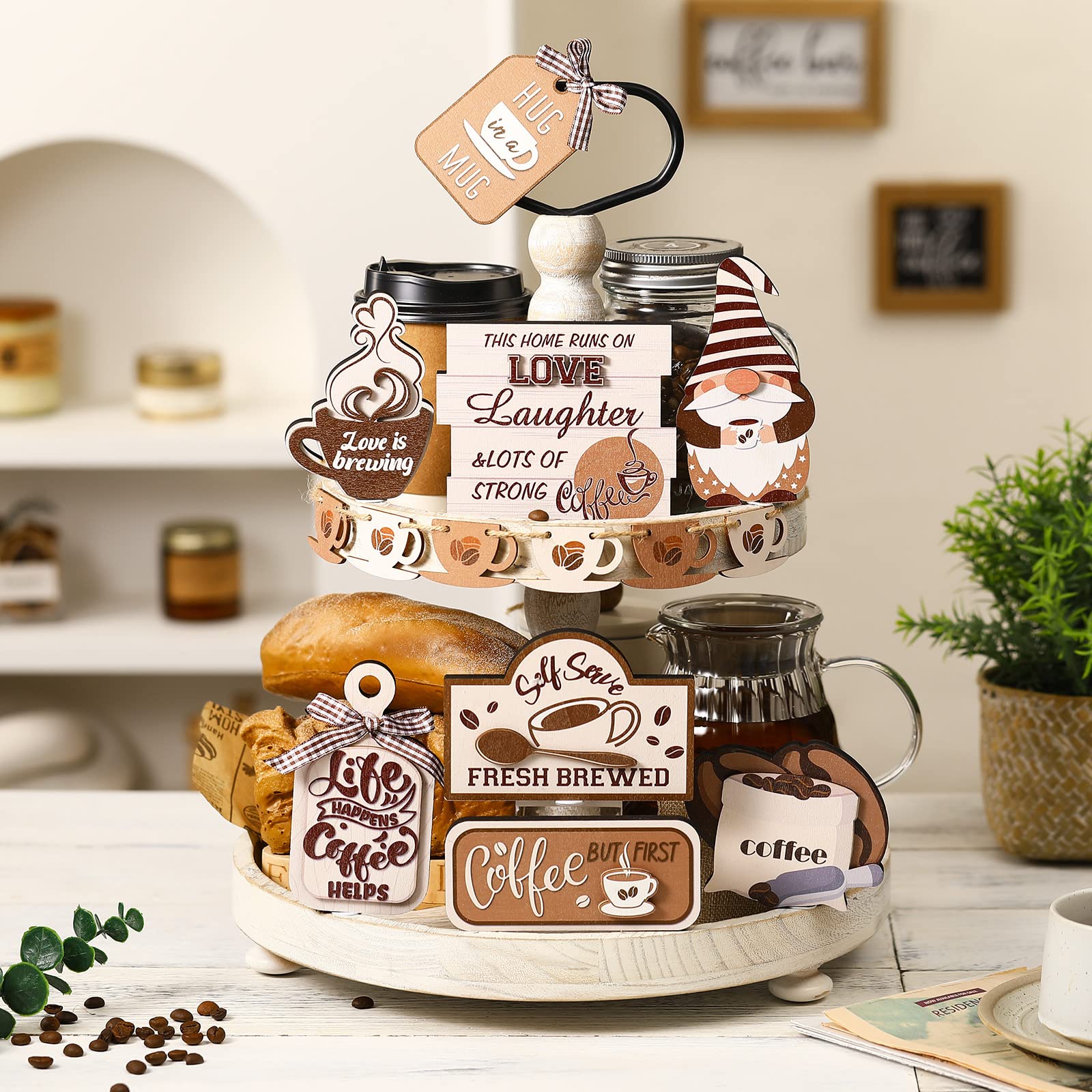 14 Pieces Coffee Tiered Tray Decor Set Coffee Theme Tiered Tray Decor Coffee Wood Signs Coffee Sign Rustic Trays Decor For Summe
