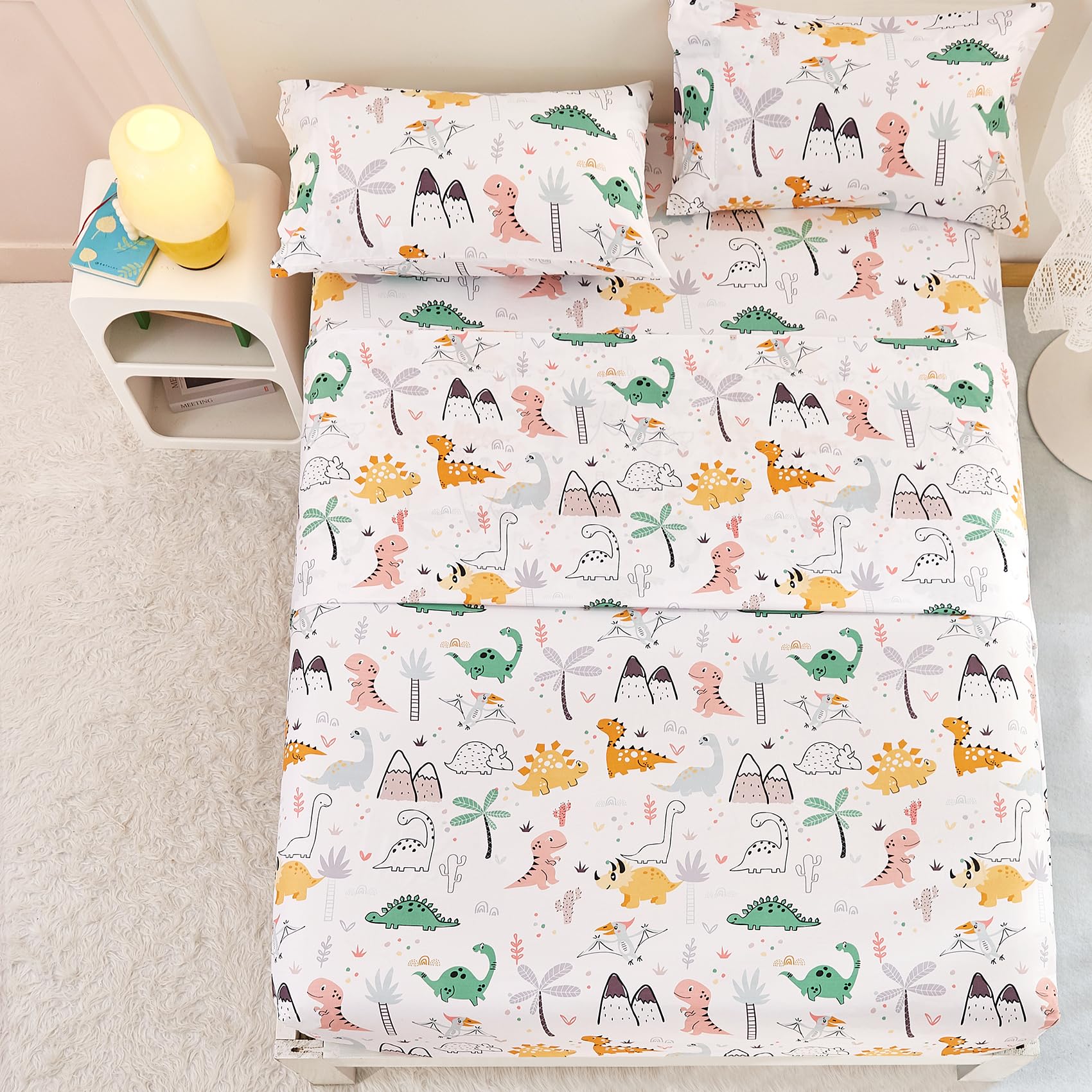 Yibeizi Dinosaur Twin Sheets Set For Boys, Kids Cute Bedsheets Dino Microfiber Deep Pocket Bed Sheet & Pillowcase Sets 3 Pieces