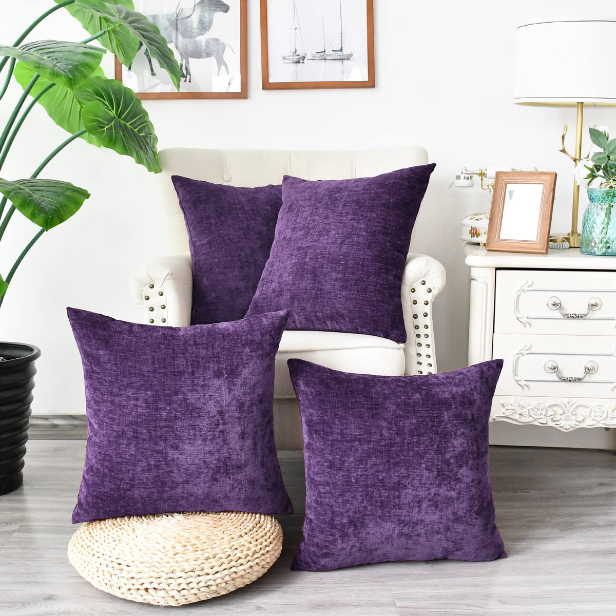 Calitime Pack Of 4 Cozy Throw Pillow Covers Cases For Couch Sofa Home Decoration Solid Dyed Soft Chenille 18 X 18 Inches Plum Pu