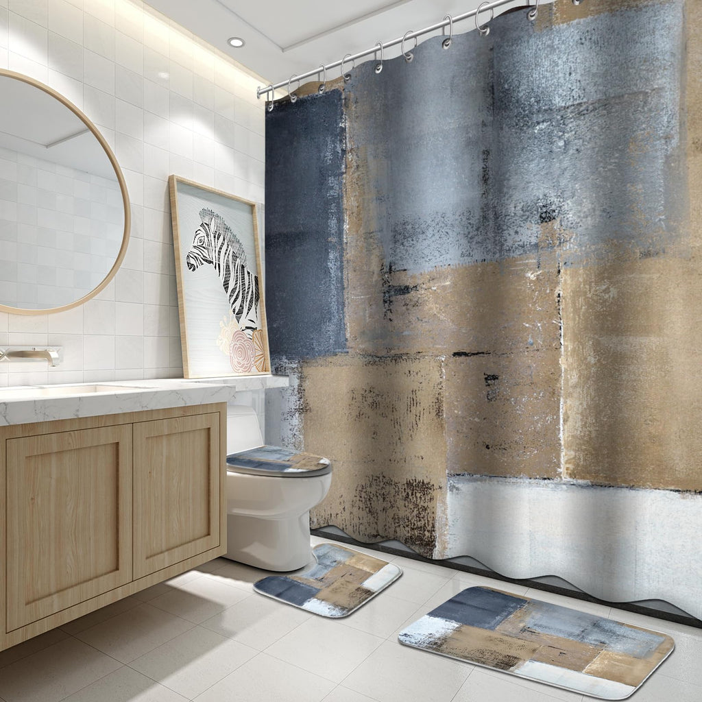 Lnond 4Pcs Bathroom Shower Curtain Sets with Rugs,Brown and Blue Painting Art Bathroom Sets with Shower Curtain and Rugs and Acc