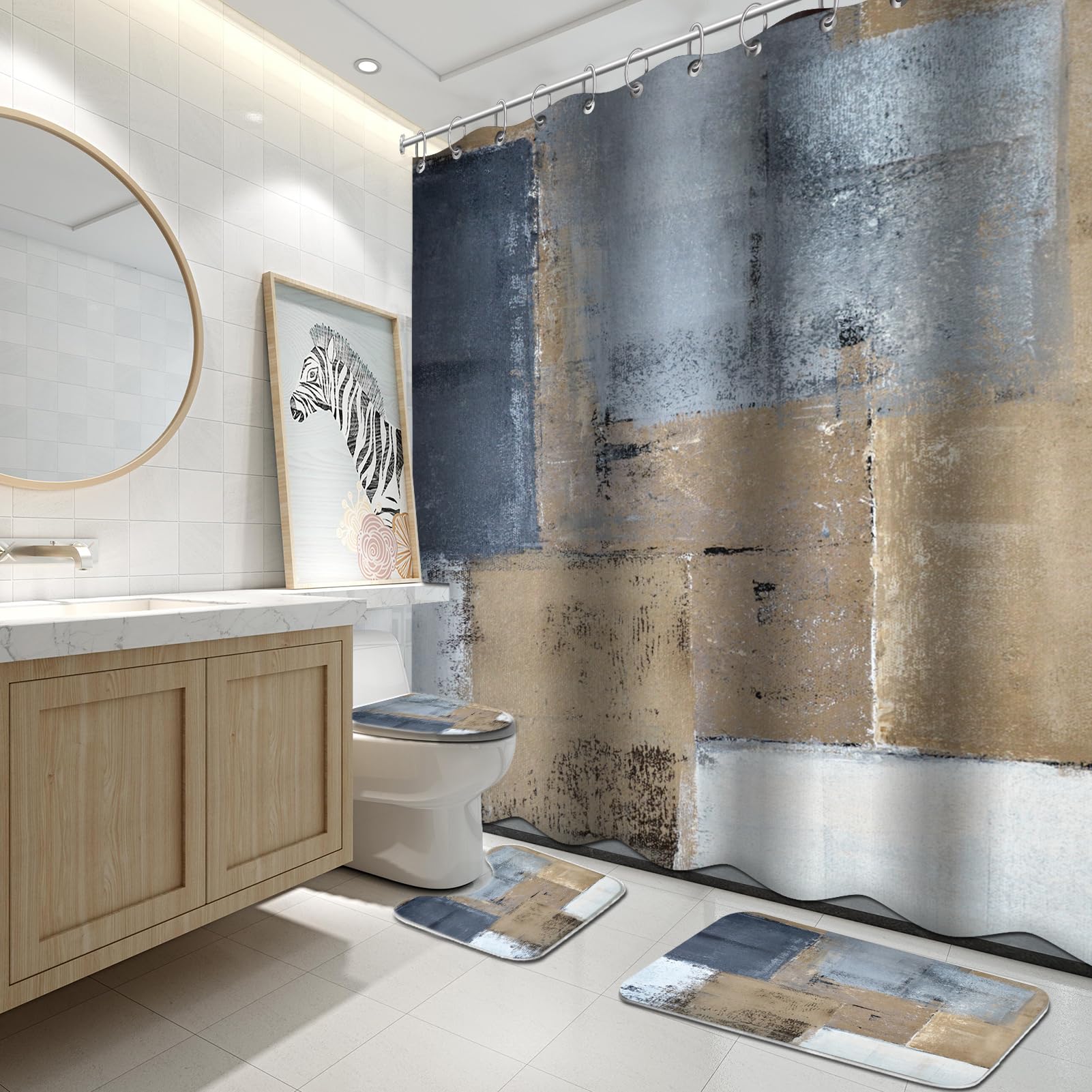 Lnond 4Pcs Bathroom Shower Curtain Sets with Rugs,Brown and Blue Painting Art Bathroom Sets with Shower Curtain and Rugs and Acc
