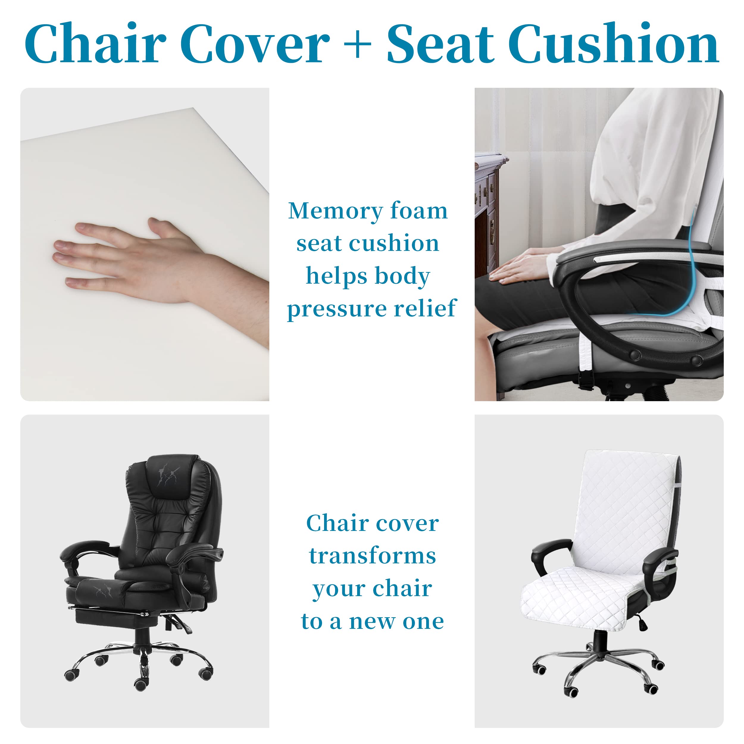 Easy-Going Quilted Microfiber Office Chair Cover With Soft Memory Foam Seat Cushion Water Resistant Desk Computer Chair Slipcover Anti-Slip Chair Protector (Medium, White)