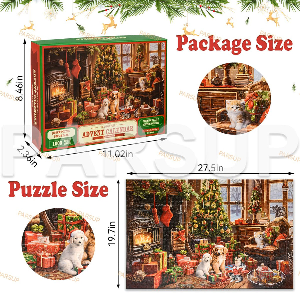 Christmas Advent Calendar 2024 Jigsaw Puzzles - Fireplace 1000 Pieces Holiday Puzzles For Kids And Adults, 27.6 In X 19.7 In, 24