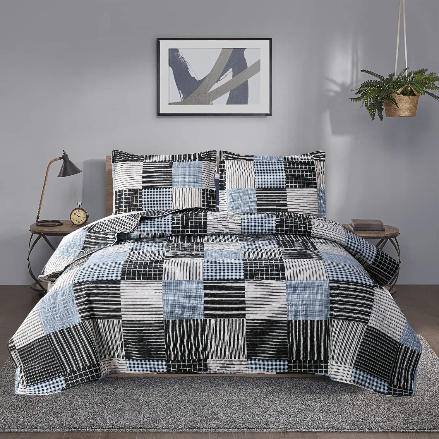 Bedspread Set Queen Size Quilt Set Bedding Reversible Quilt Bedspread Plaid Patchwork Bedding Mens Quilts Bedspread Coverlet Lig